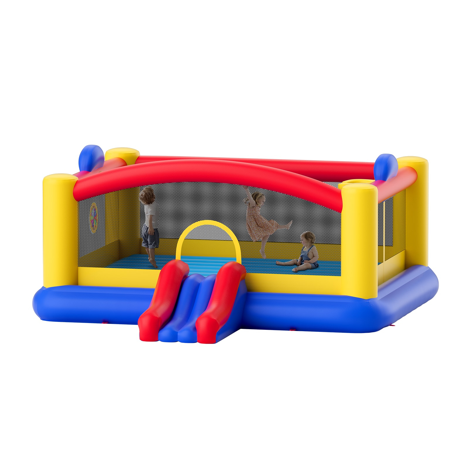 Large Multicolor Inflatable Bounce House with Slide and Basketball Hoop