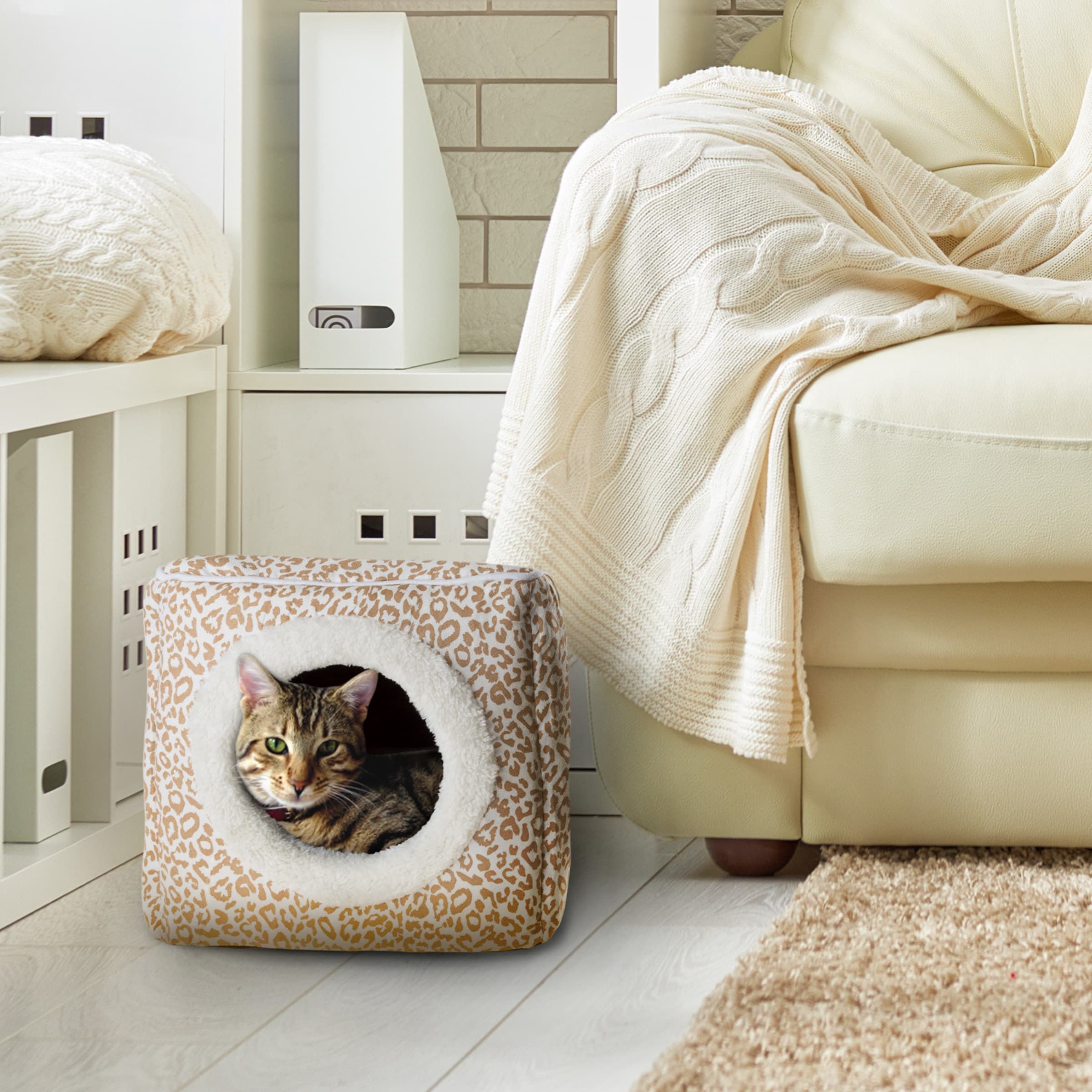 Enclosed Cat Cave Hideout Pet Bed Tan Animal Print Removable Cushion