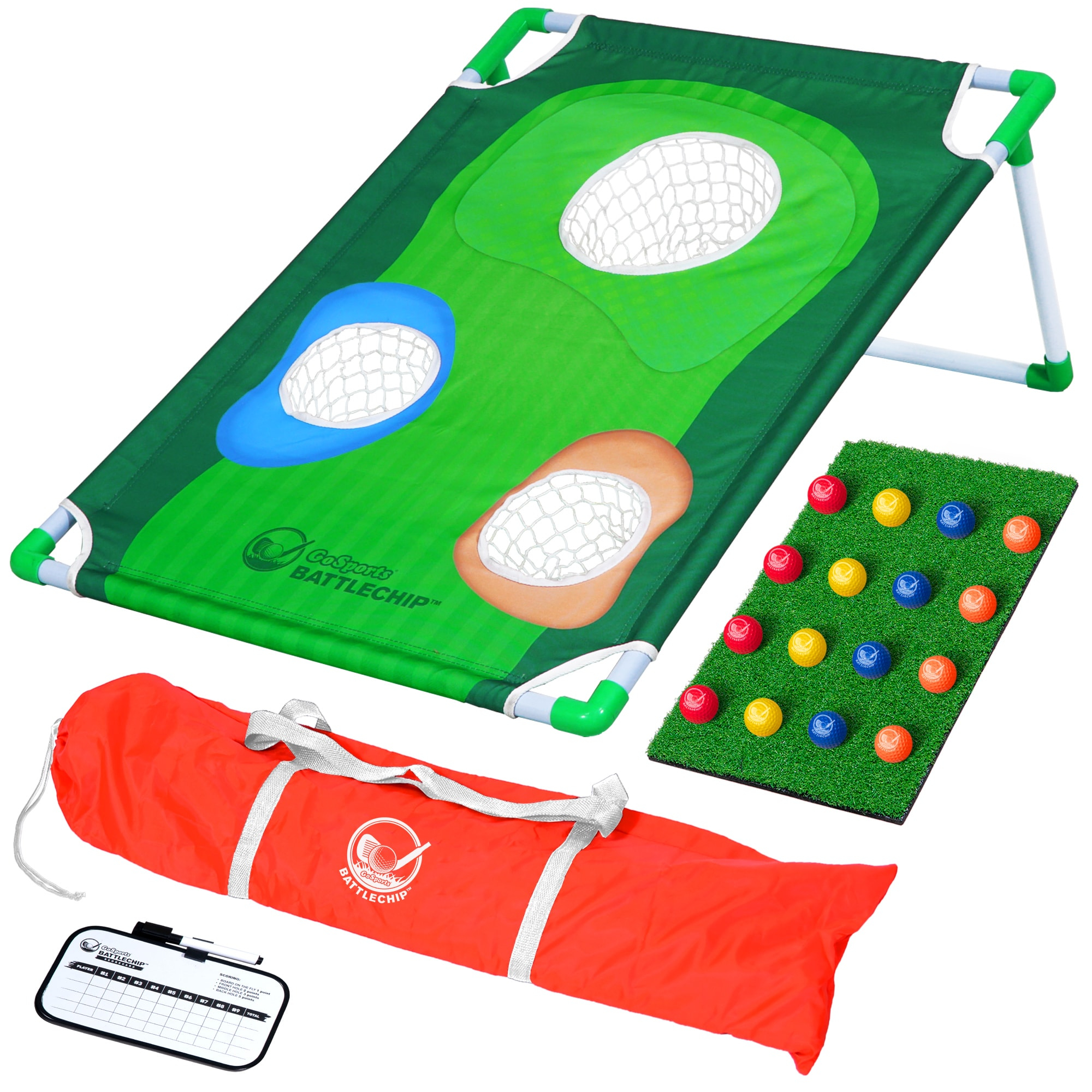 GoSports BattleChip Backyard Golf Cornhole Games – Includes Targets, Chipping Mats, Foam Golf Balls, Scorecard and Carry Case