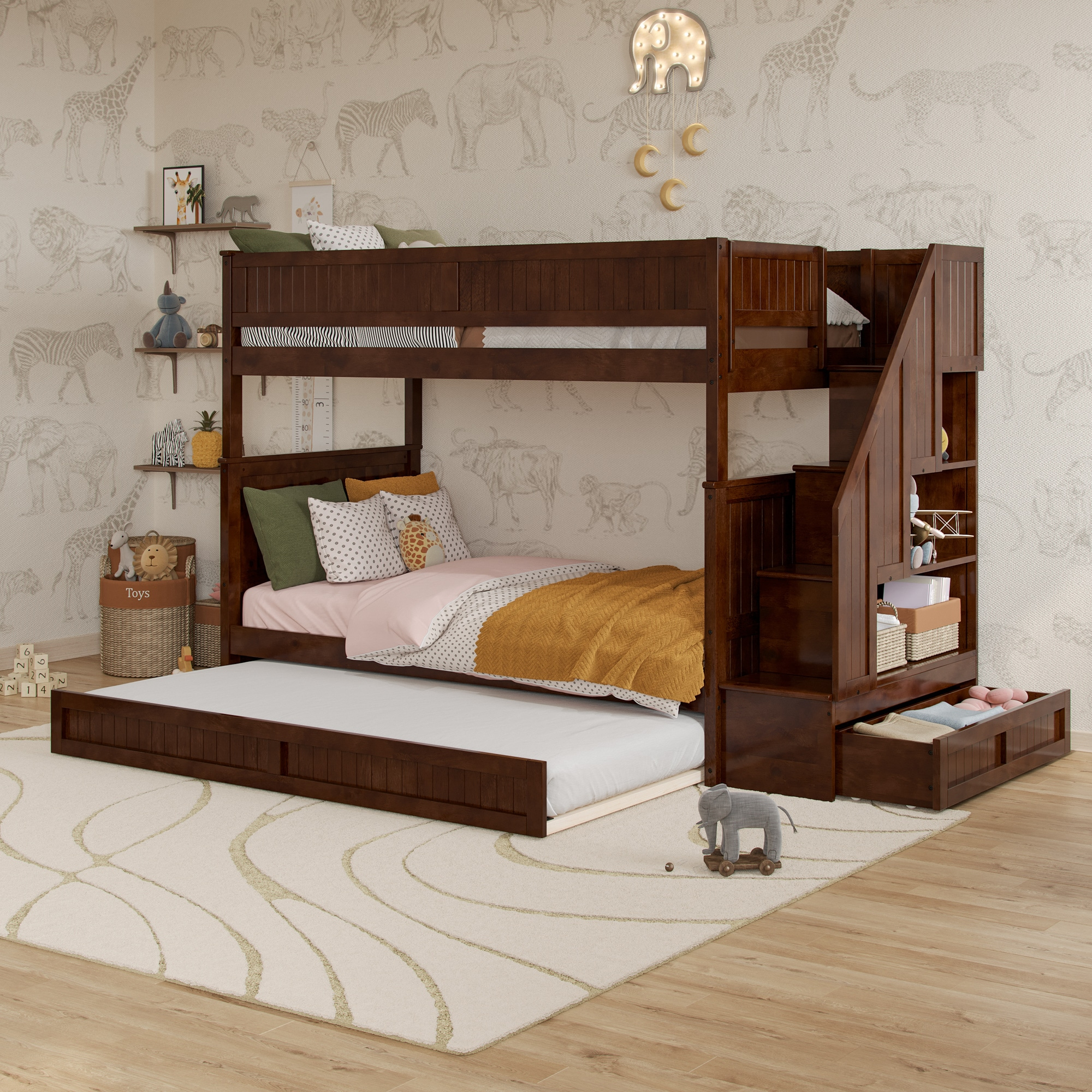 Walnut Twin Over Twin Bunk Bed with Storage Drawer and Trundle