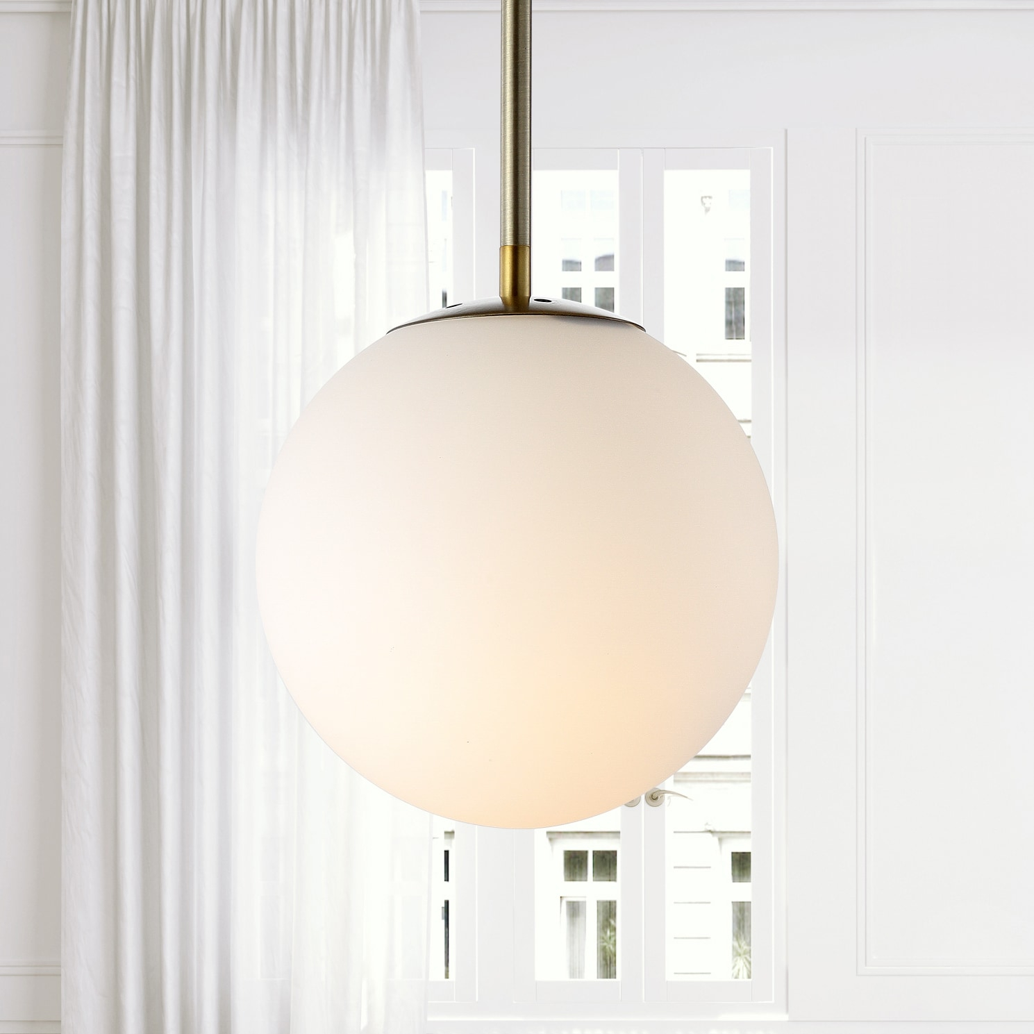 Bleecker 7.75" Metal/Glass Globe LED Pendant, White/Brass
