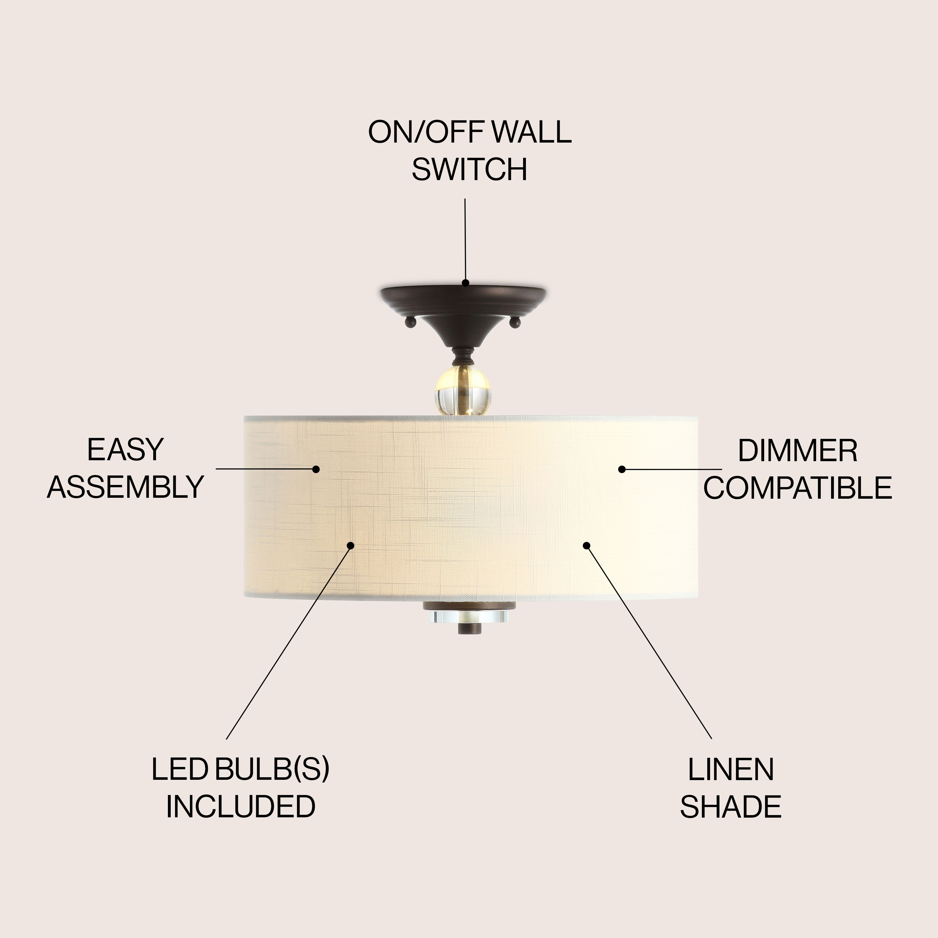 JONATHAN Y JYL9033A Marc 15" Metal/Crystal LED Semi-Flush Mount Contemporary,Traditional,Transitional Dimmable, 2700K Cozy Warm Light, for Kitchen,Hallway,Bathroom,Stairwell, OilRubbedBronze/White