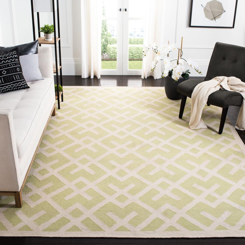 SAFAVIEH Dhurrie Brianna Geometric Moroccan Wool Area Rug, Light Green/Ivory, 6' x 6' Square