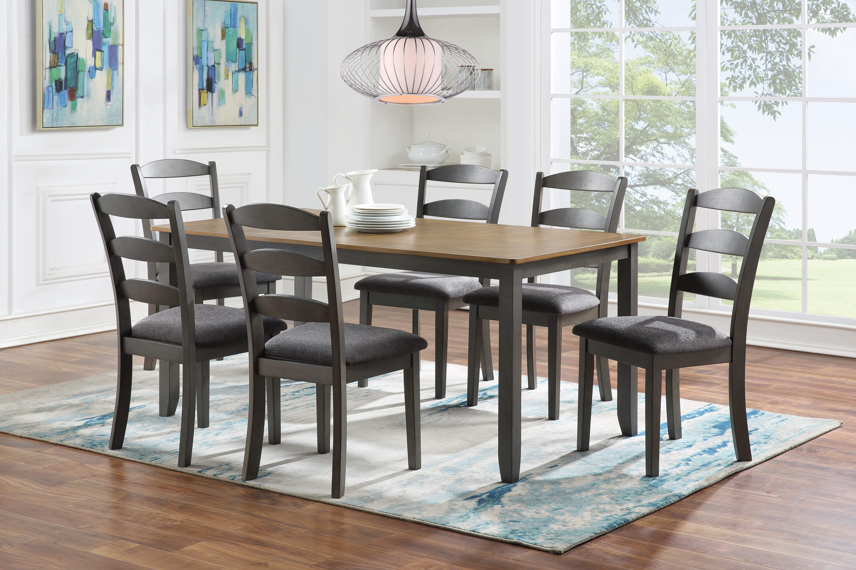 West Lake 7 PC Wood Dining Table Set Antique Finish Natural Top and Gray Base