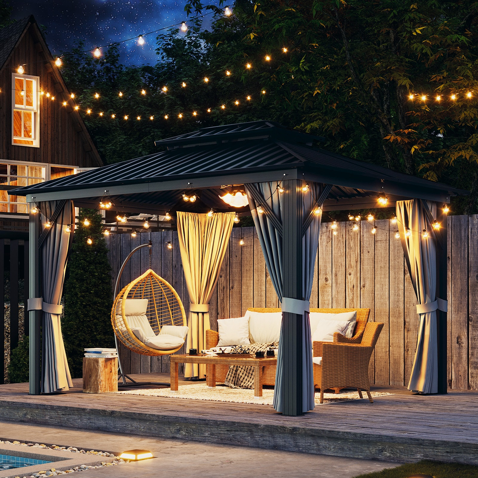 Sunmthink 10x12 ft. Hardtop Gazebo with Mosquite Netting, Double Metal Roof for Lawn and Garden, Brown