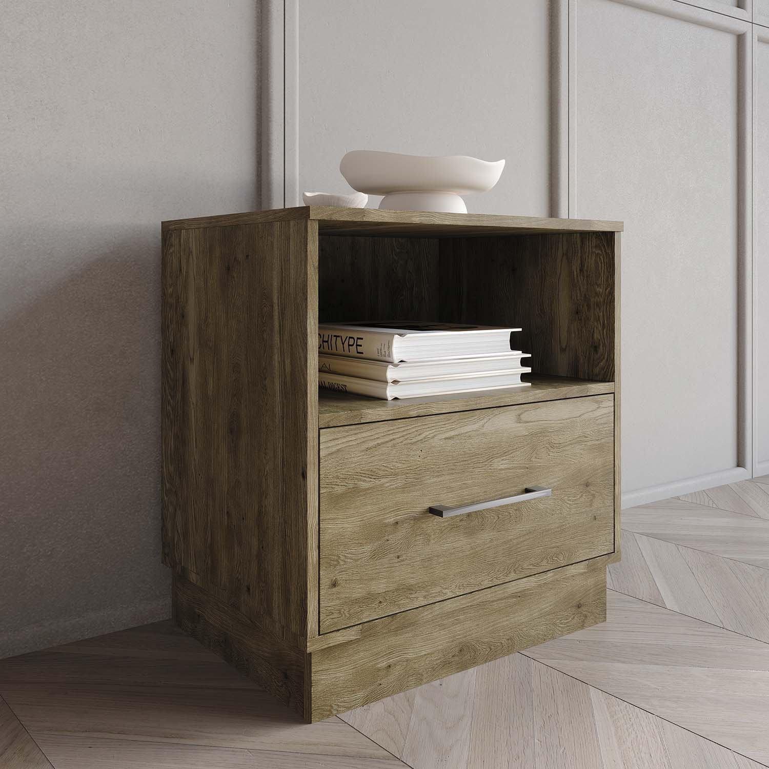 Castle Place Rustic Wood 1 Drawer Nightstand, Brown Oak