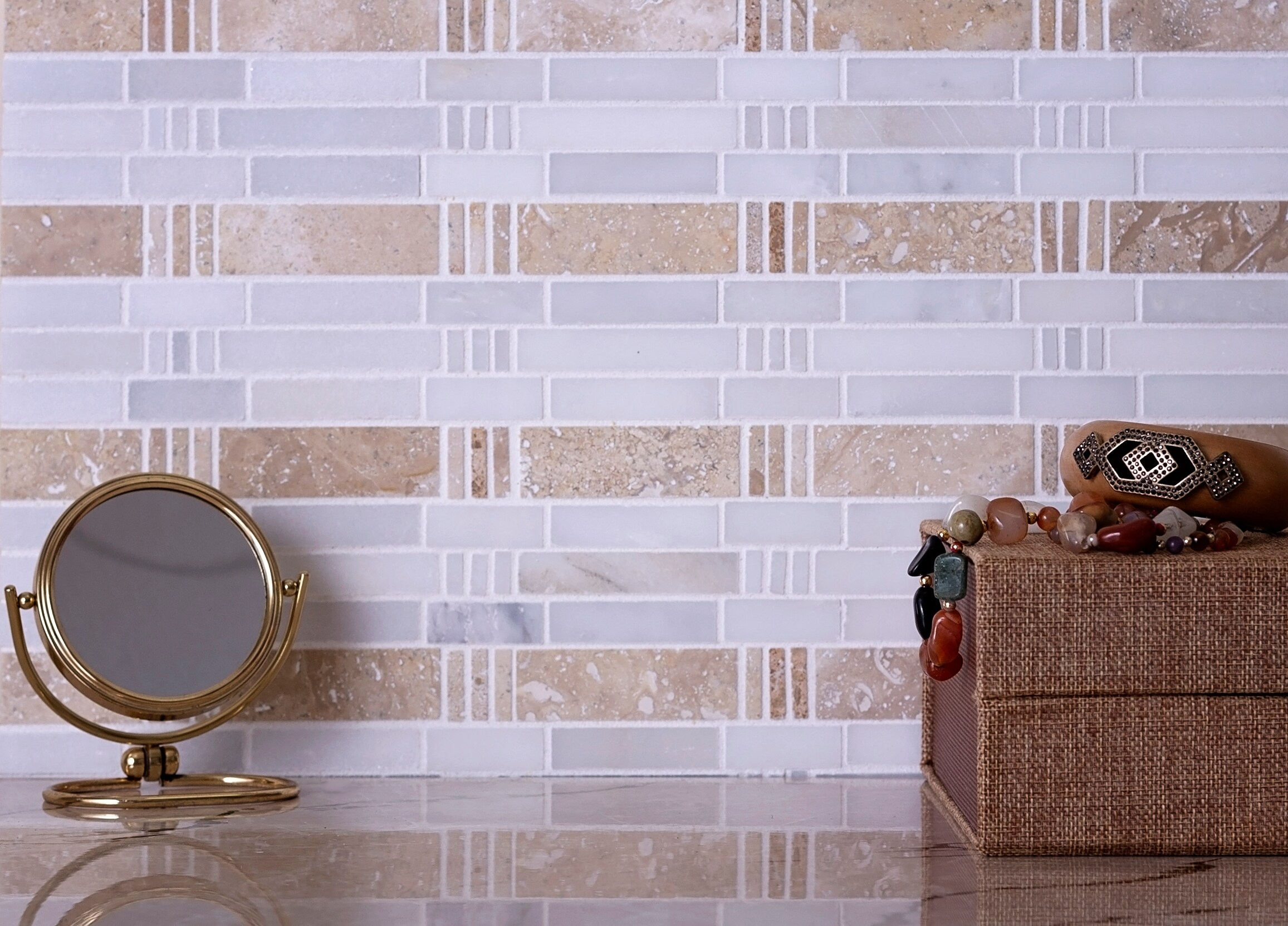 5 pack Beige and White 12 in. x 12 in. Bamboo Polished Marble Mosaic Floor and Wall Tile (5.00 sq. ft./Case)