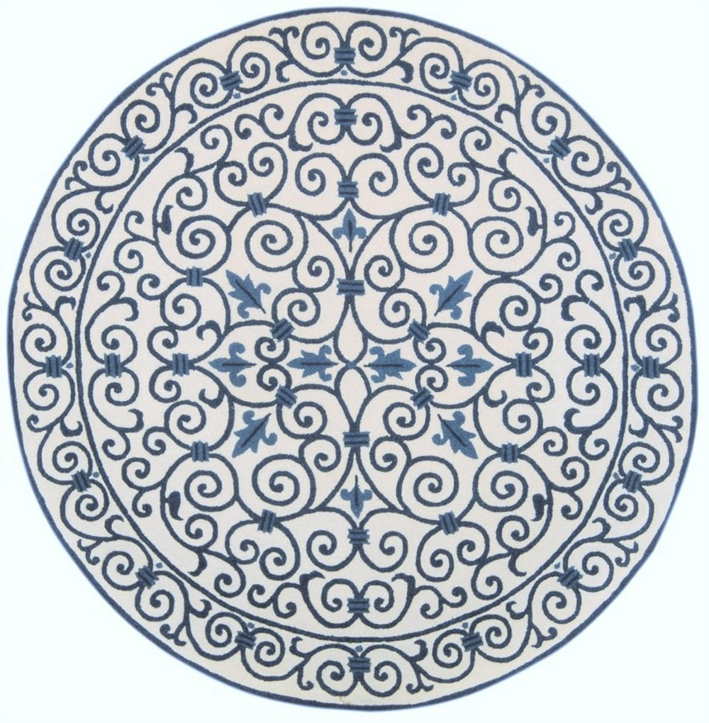SAFAVIEH Chelsea Aragon Geometric Borders Wool Area Rug, Ivory/Dark Blue, 3' x 3' Round