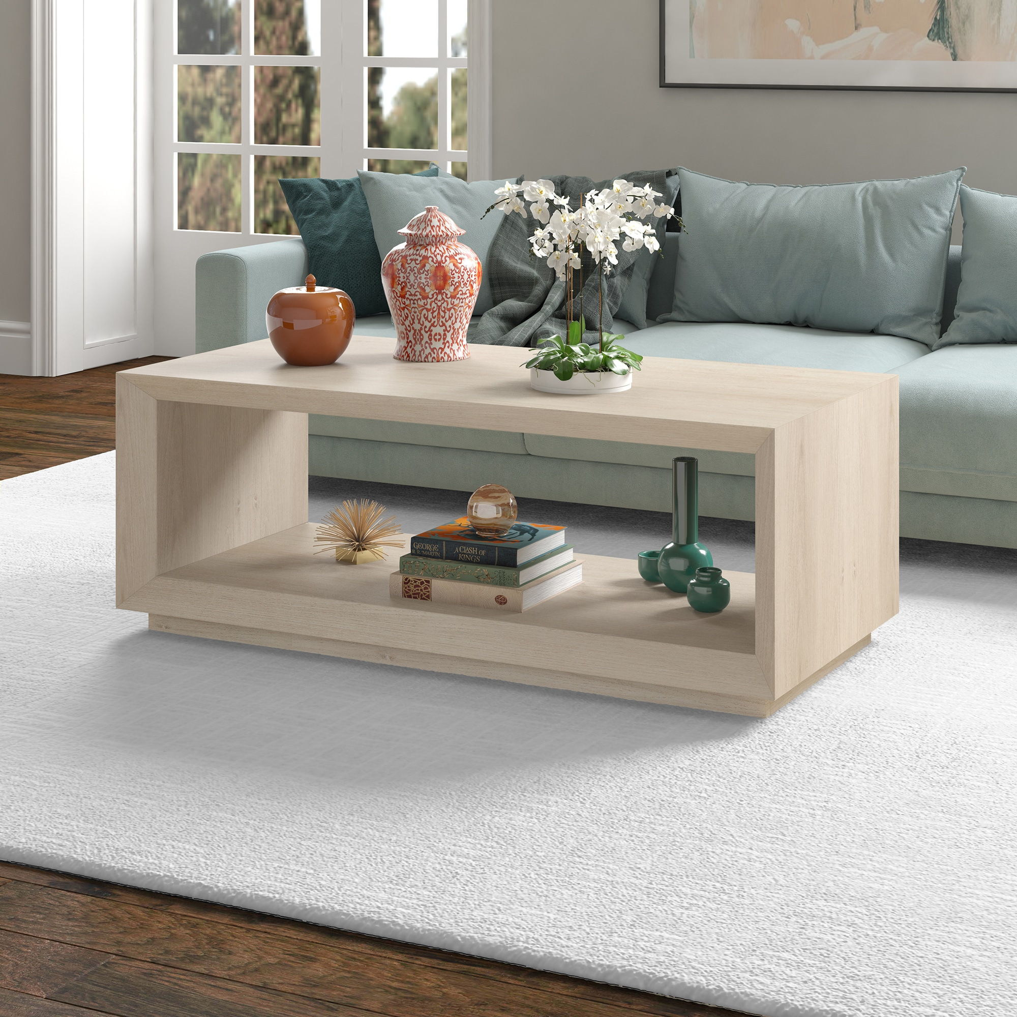 Alder White Rectangular Wood Coffee Table with Plinth Base