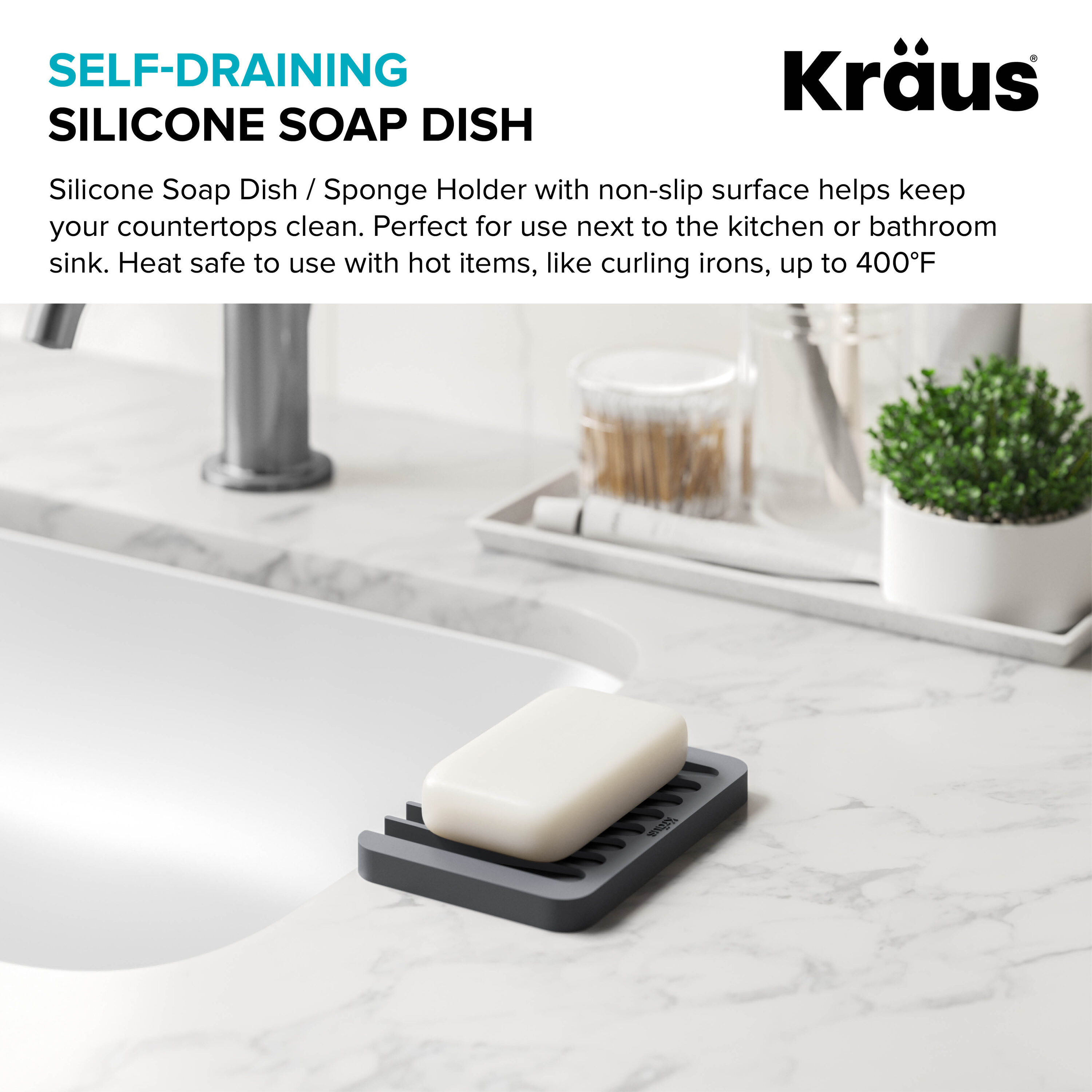 KRAUS Multipurpose Self-Draining Silicone Soap Dish/Sponge Holder for Bathroom or Kitchen Counter in Dark Grey, KDM-05DG