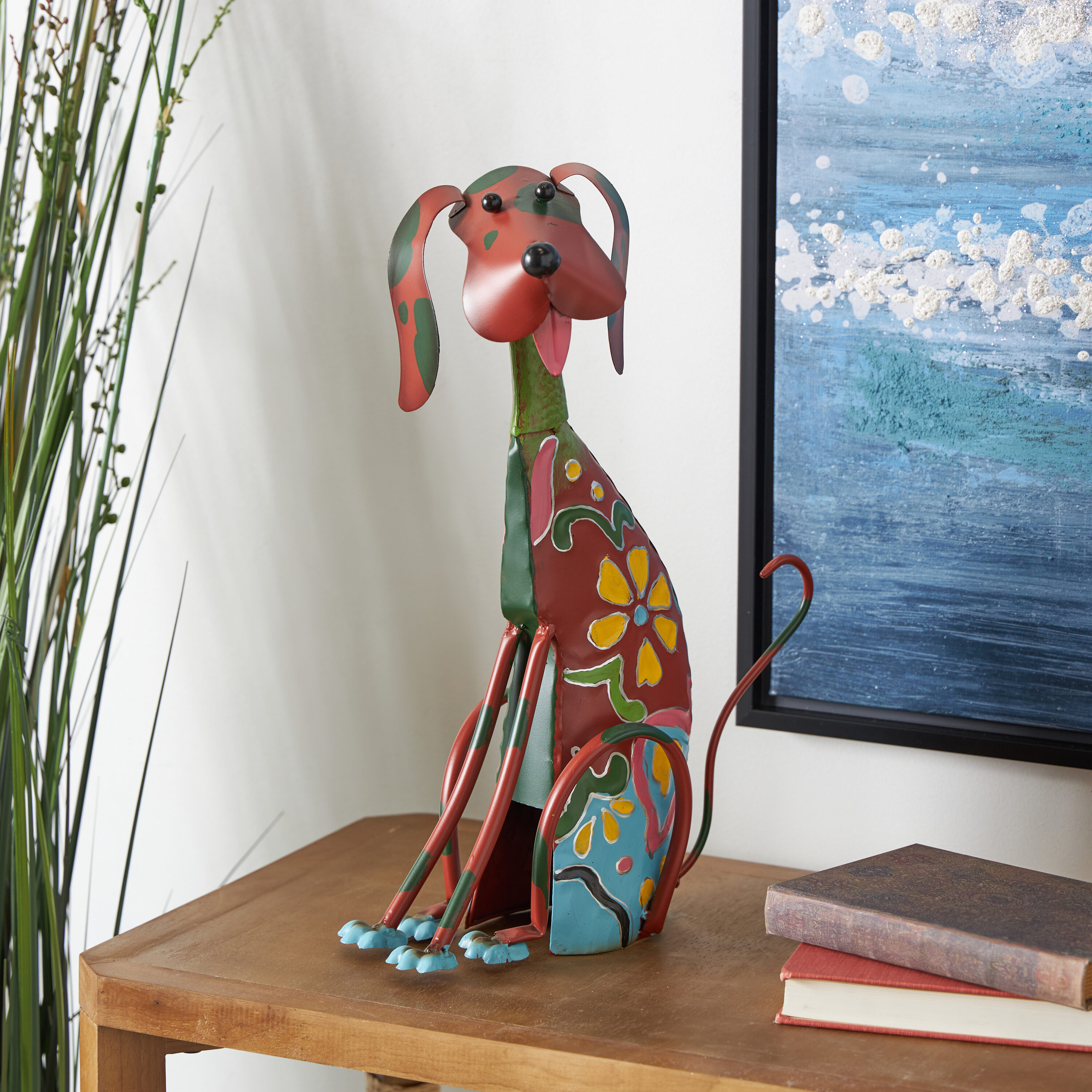 DecMode Eclectic Metal Indoor/Outdoor Multi Colored Dog Sculpture with Floral Design, 12"W x 17"H