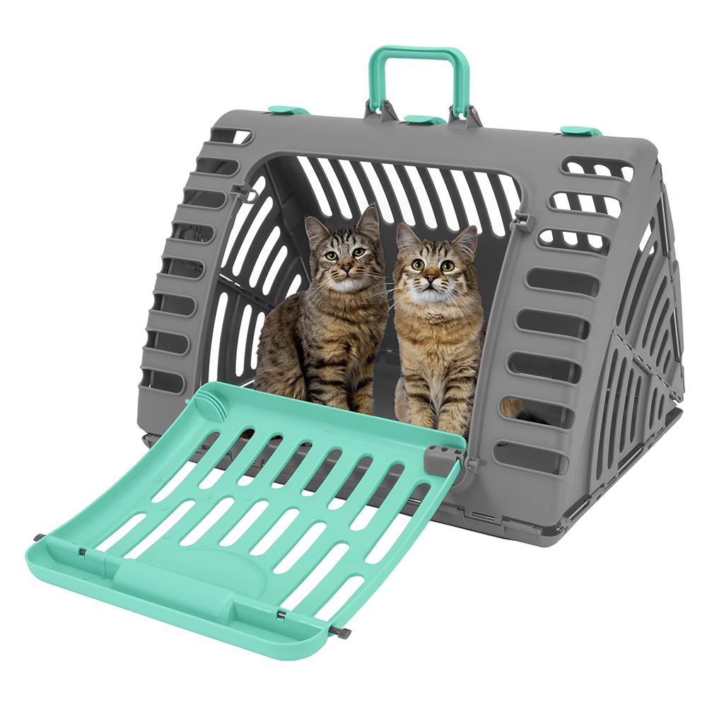 Sport Pet Designs, Foldable Plastic Travel Cat Carrier, Waterproof Bed included, 35 lb Limit, Gray