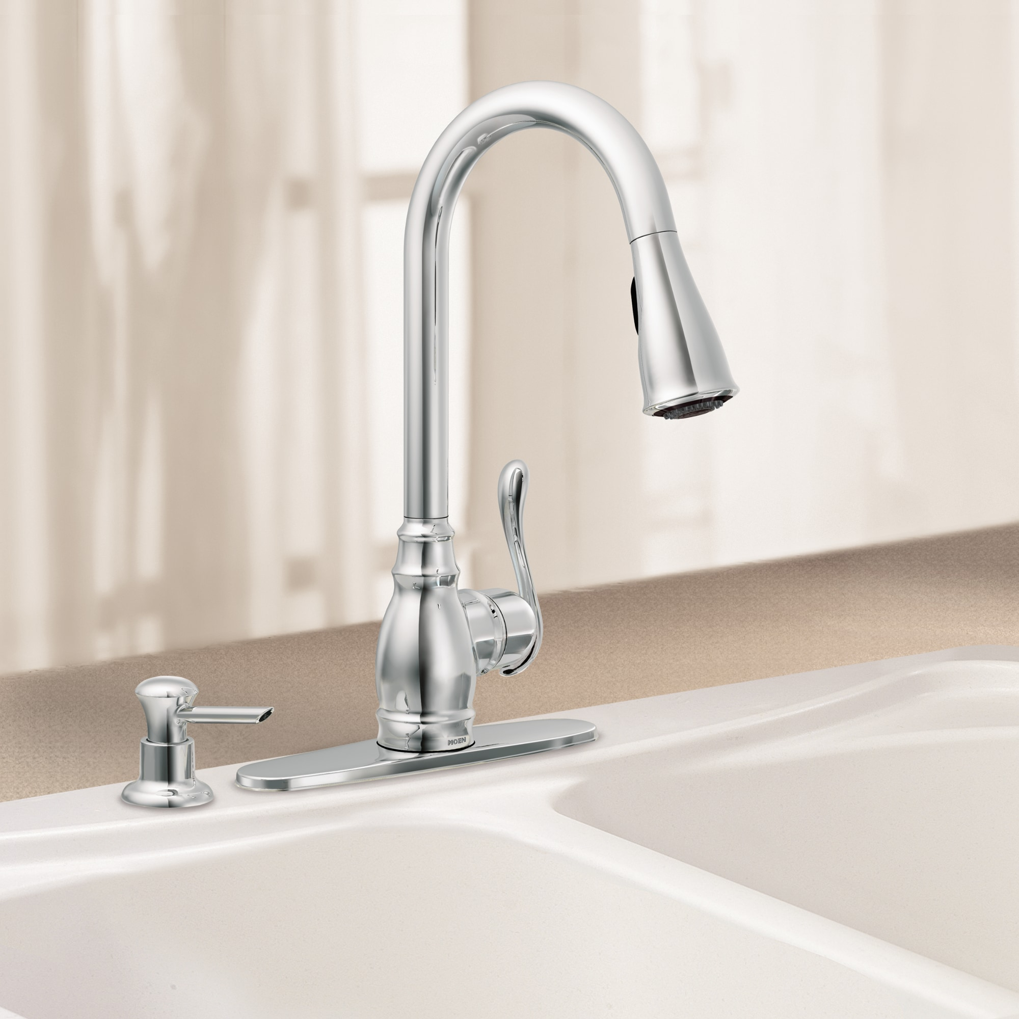 Moen Anabelle Chrome Single Handle Deck-mount Pull-down Kitchen Faucet with Sprayer ( Deck Plate Included ) (Soap Dispenser Included)