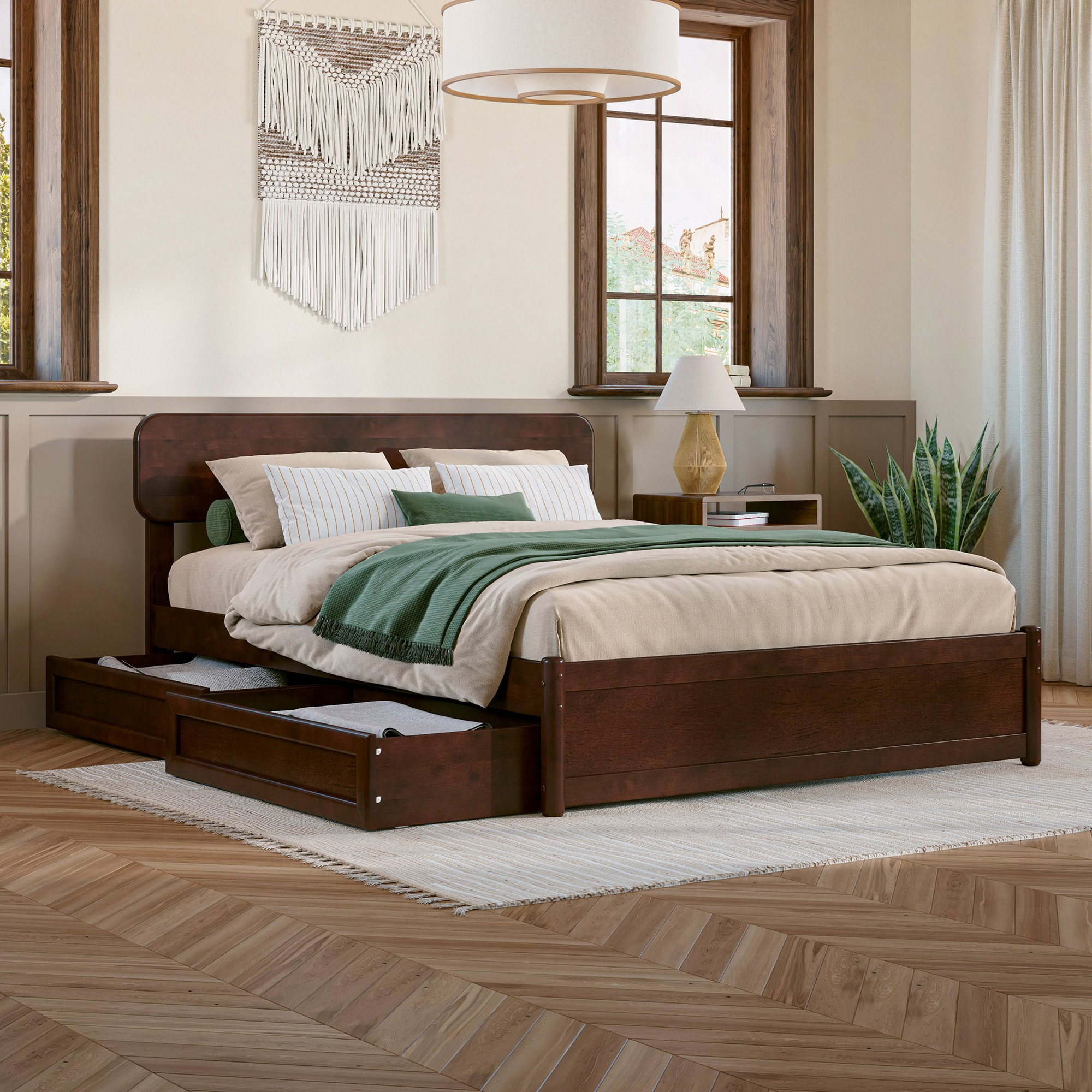 AFI Capri Full Solid Wood Platform Bed with Panel Footboard and Storage Drawers, Walnut