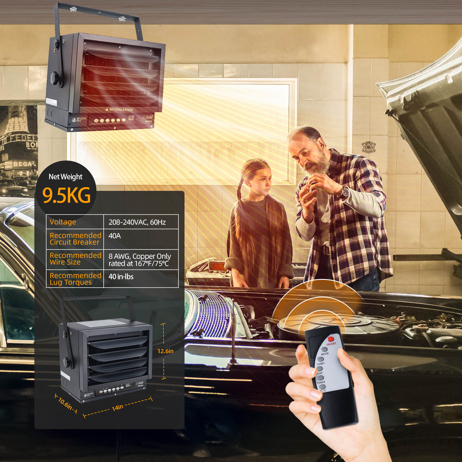 BEYOND HEAT Garage Heater, 7500W Heater for Garage with Full-Function Remote, 12-Hour Timer, Adjustable Thermostat, Overheat Protection for Garage, Workshop and Warehouse