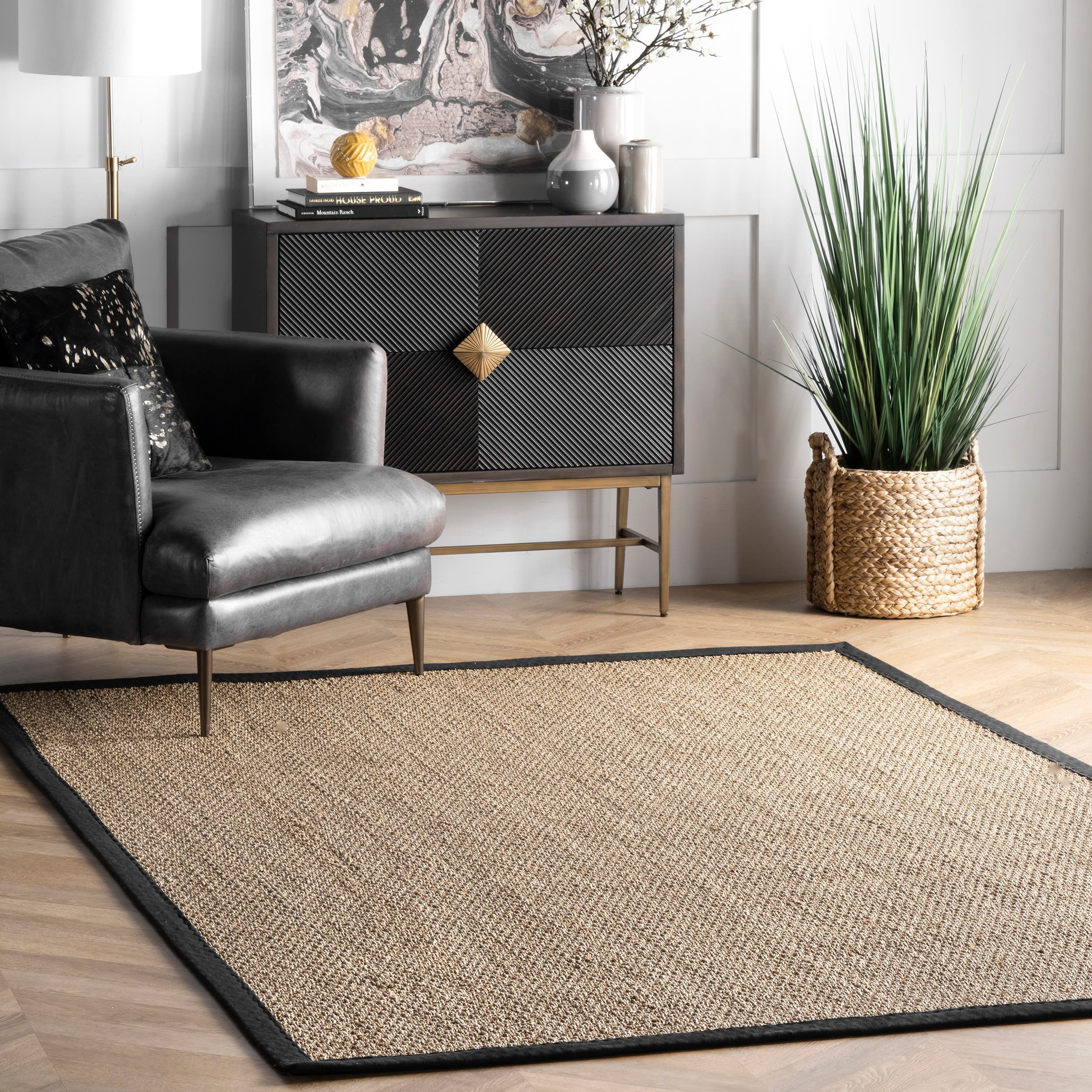 nuLOOM 3x5 Elijah Seagrass Area Rug, Black, Solid Farmhouse Style, Cotton Bordered, Basketweave, Natural Fiber, For Bedroom, Dining Room, Living Room, Hallway, Office, Kitchen, Entryway