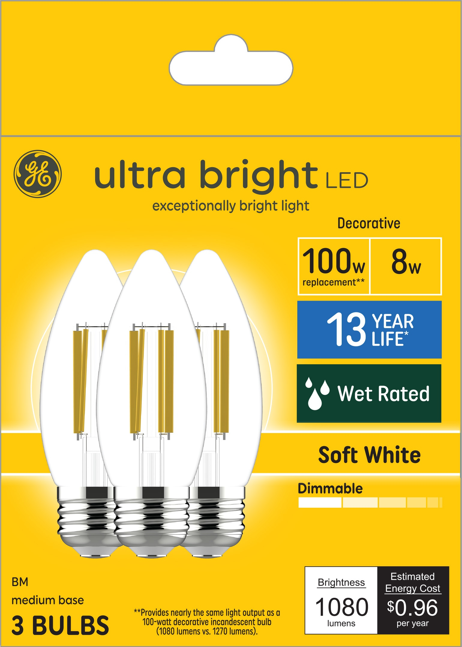 GE Ultra Bright LED Light Bulbs, 100W, Soft White Candle Lights, Clear Decorative B12 Light Bulbs (3 Pack)