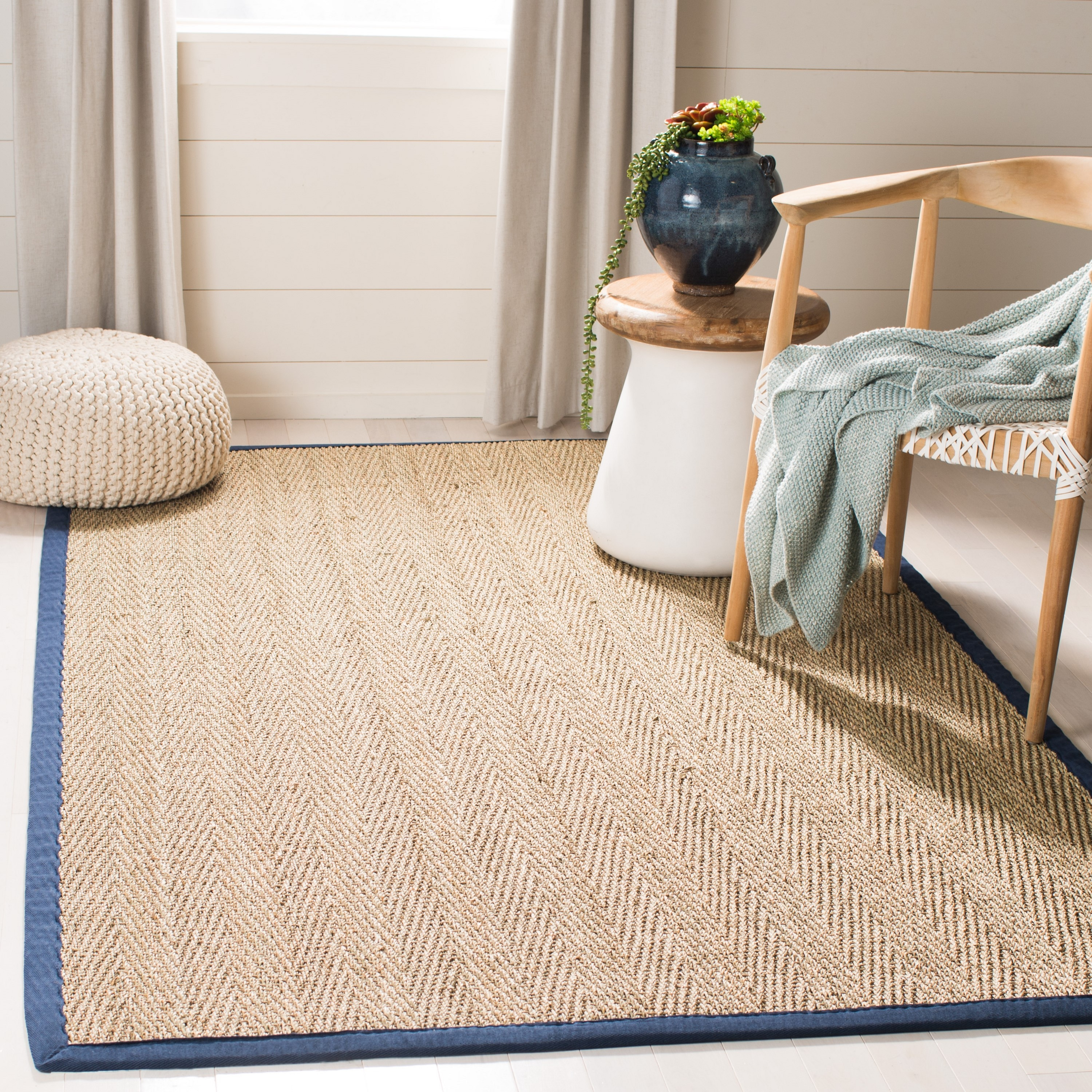 SAFAVIEH Natural Fiber Maisy Border Seagrass Area Rug, Natural/Blue, 9' x 12'