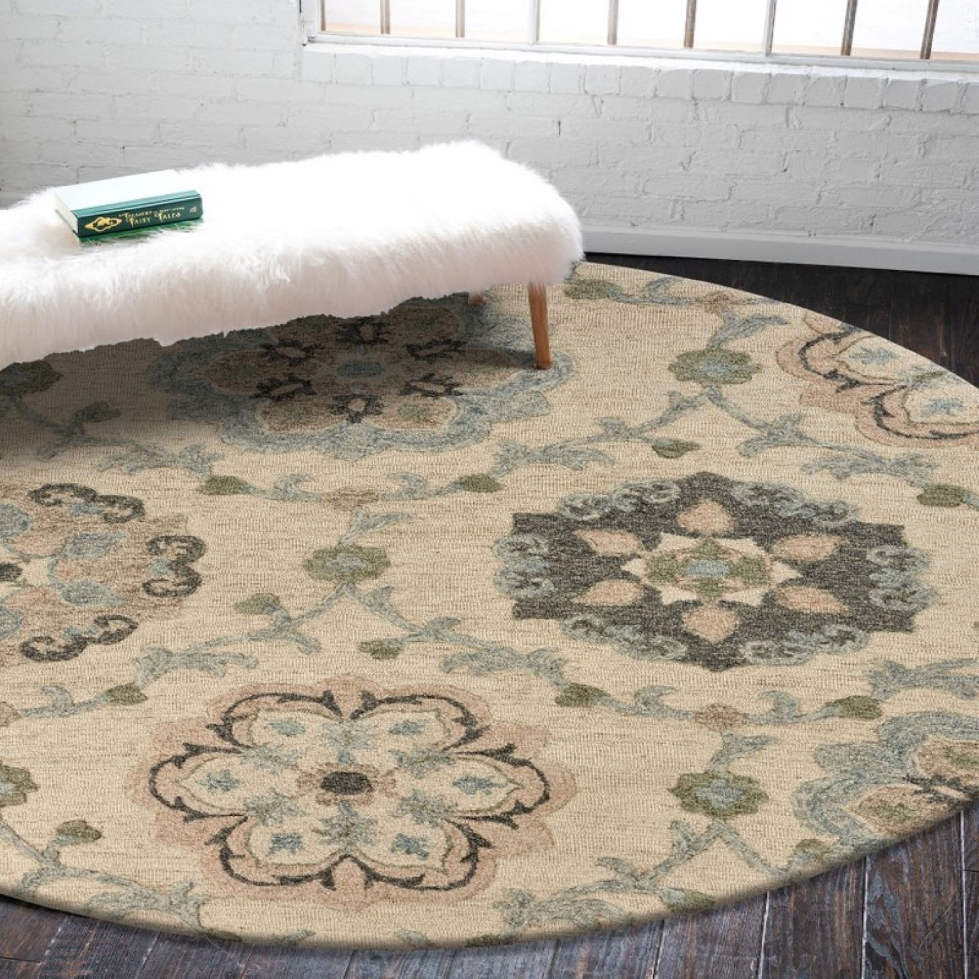 LR Home Aiden 7'3" Round Ivory and Blue Floral Wool Indoor Area Rug
