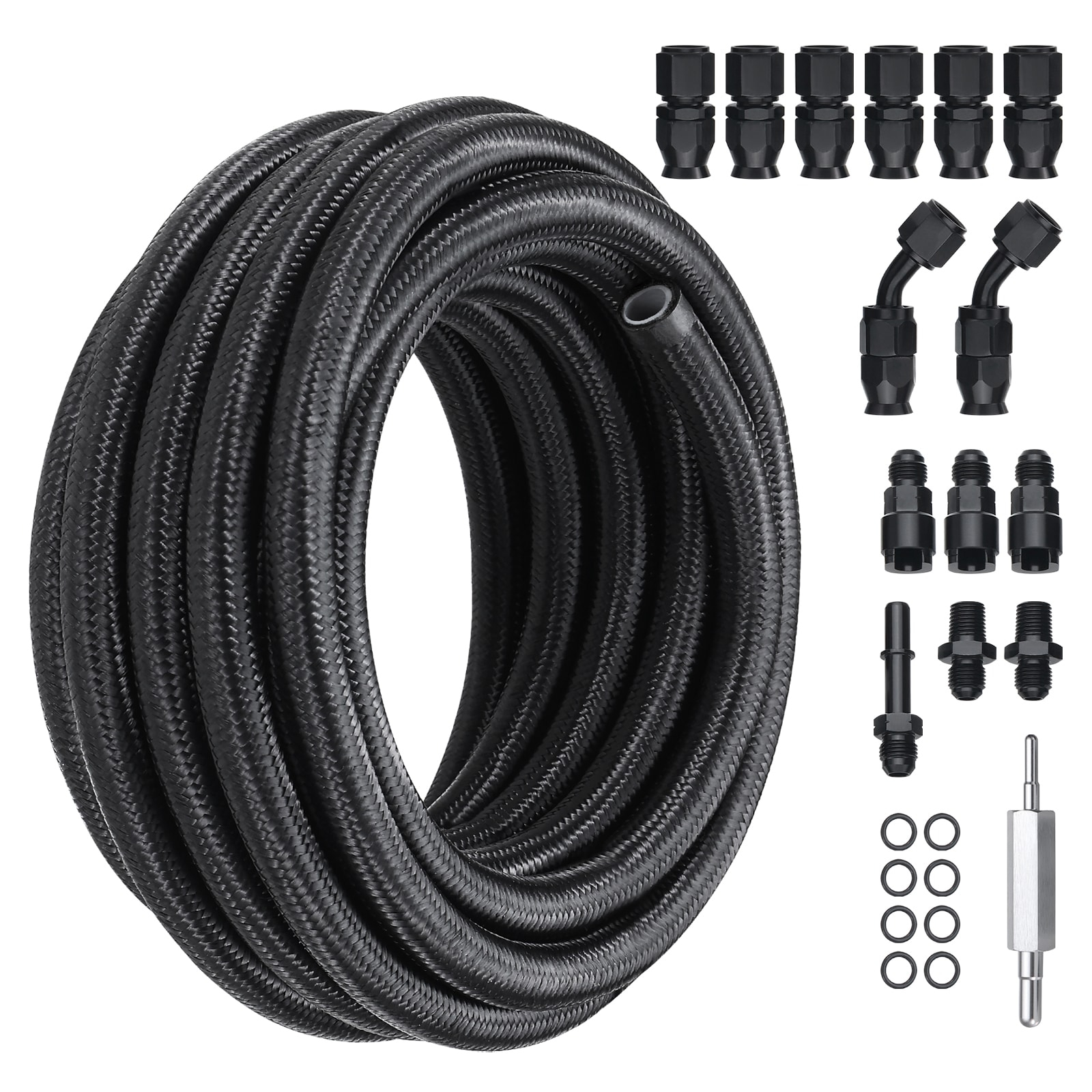 6AN Fuel Line Kit, 25 FT Fuel Hose Kit, 5/16" Nylon Stainless Steel Braided PTFE Fuel Line Kit, E85/Oil/Gas/Diesel Hose End Fitting Kit, with 15 PCS Swivel Fitting Adapter
