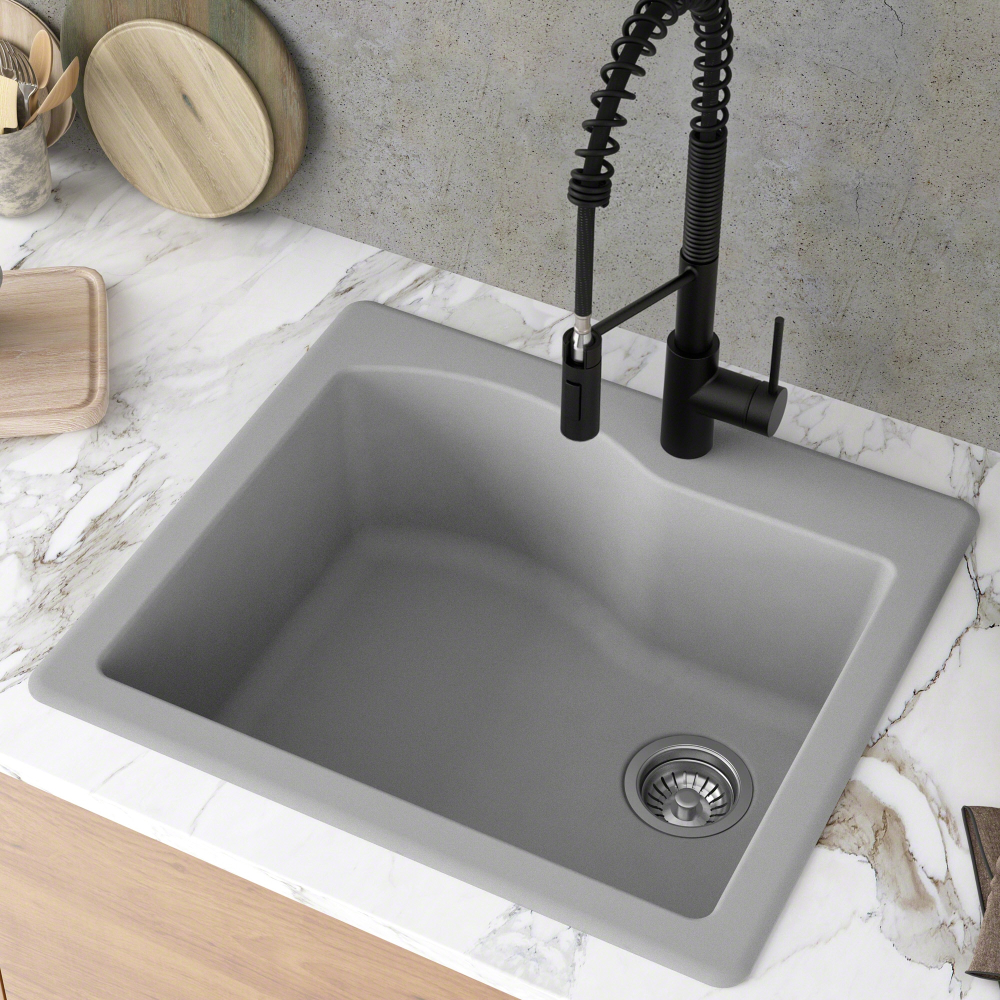 Kraus Quarza 25 Dual Mount Single Bowl Granite Kitchen Sink and Strainer in Grey