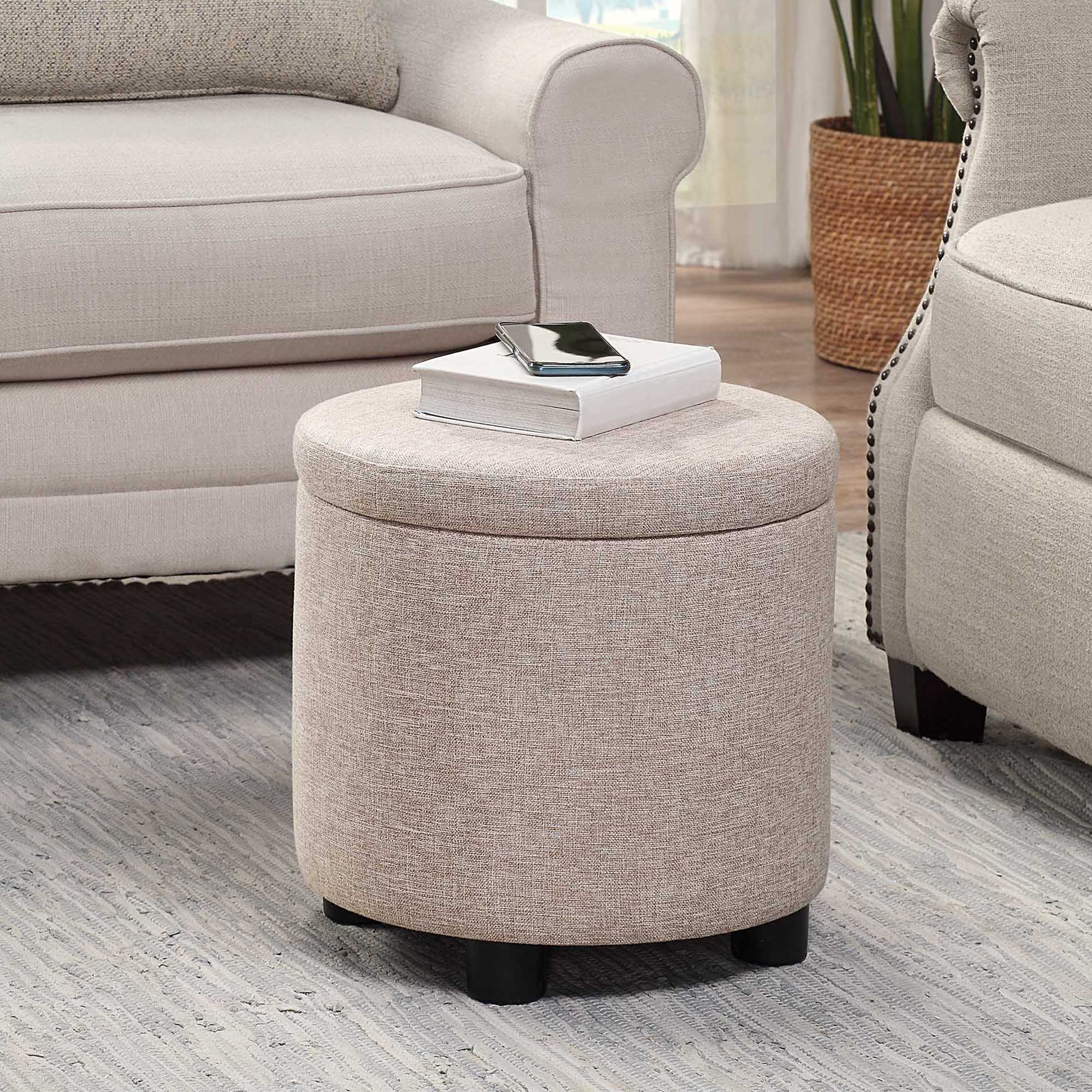 Designs4Comfort Round Accent Storage Ottoman with Reversible Tray Lid, Tan Fabric