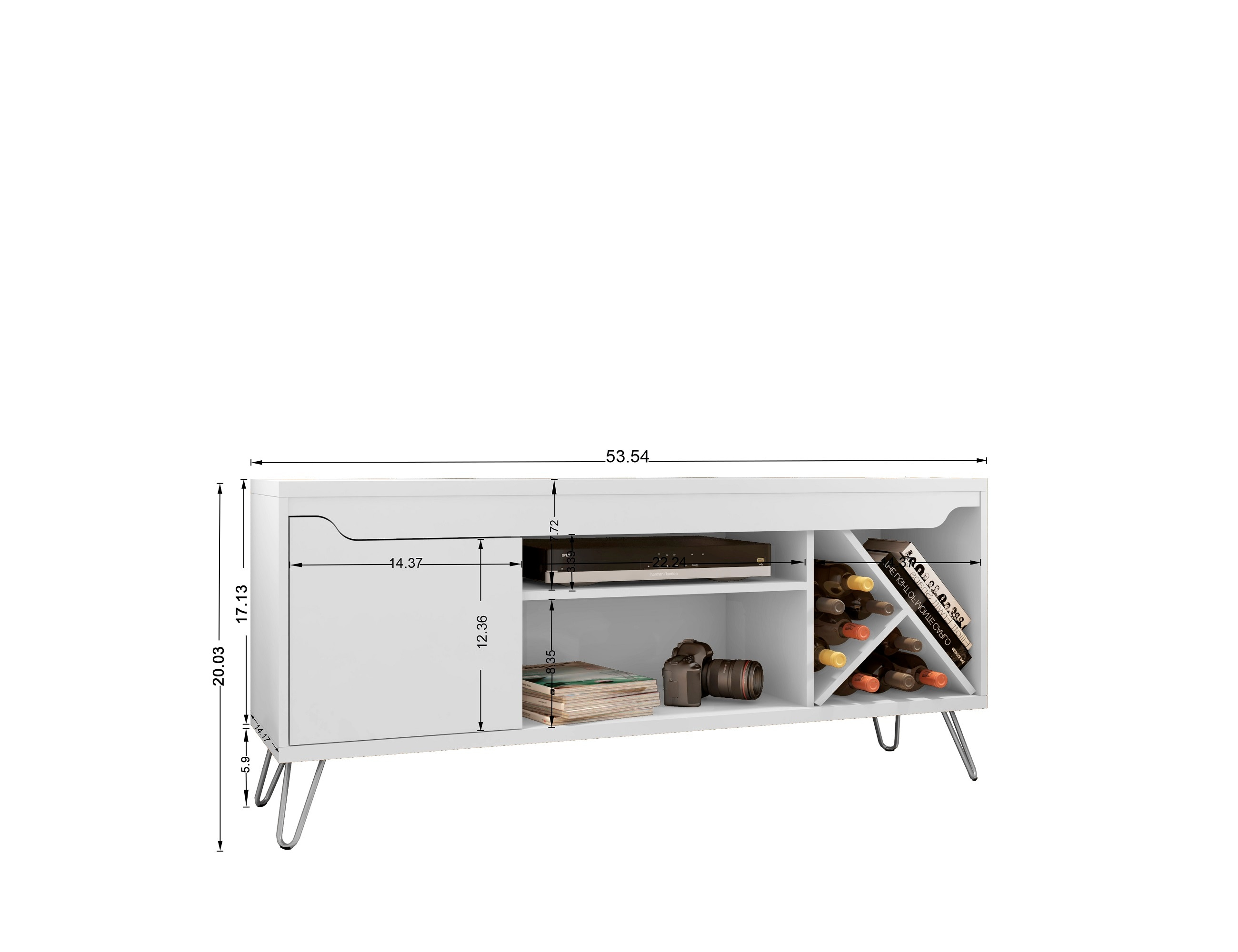 Manhattan Comfort 216BMC6 Baxter Mid-Century- Modern TV Stand with Wine Rack in White, 23.03 x 53.54 x 14.17 in.