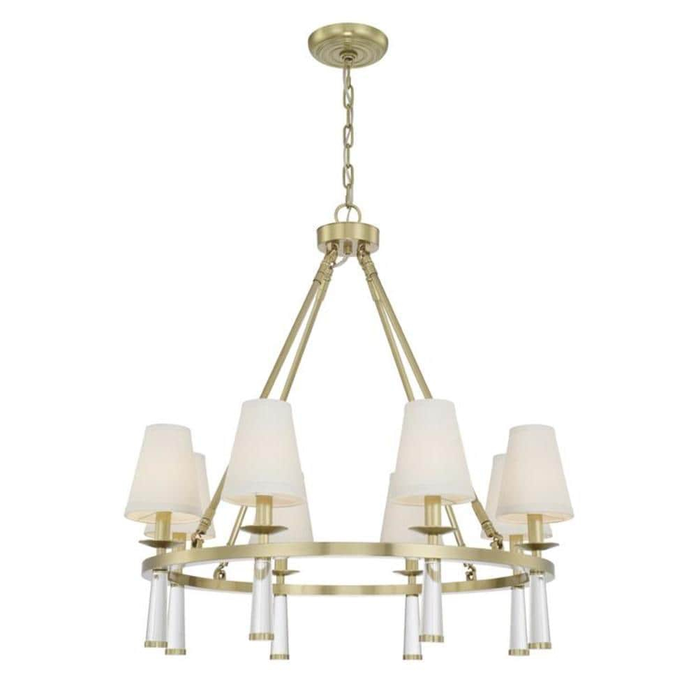 Elegant Aged Brass and Crystal 8-Light Chandelier with Silk Shade