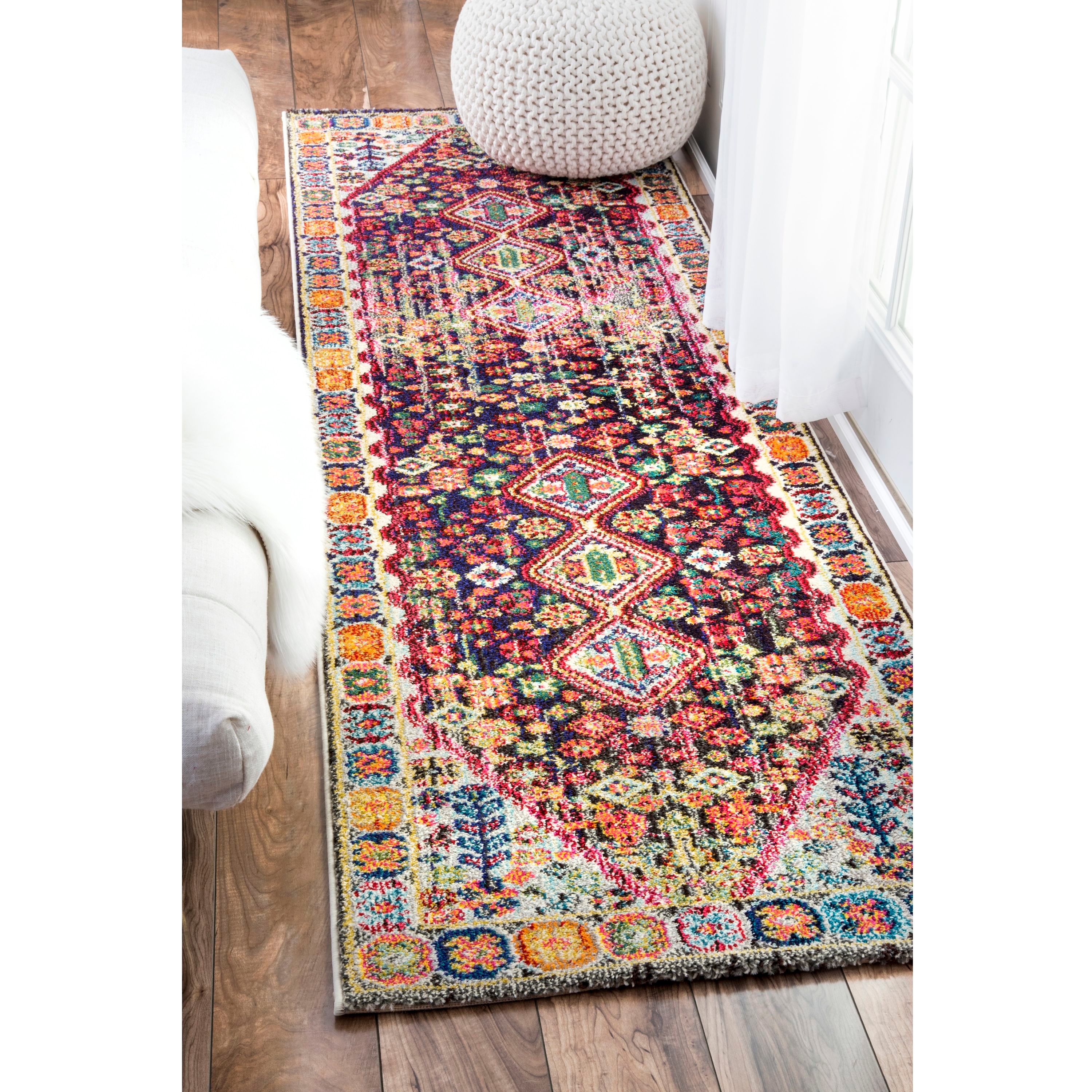 Erline Colorful Bohemian Black and Multicolor Runner Rug