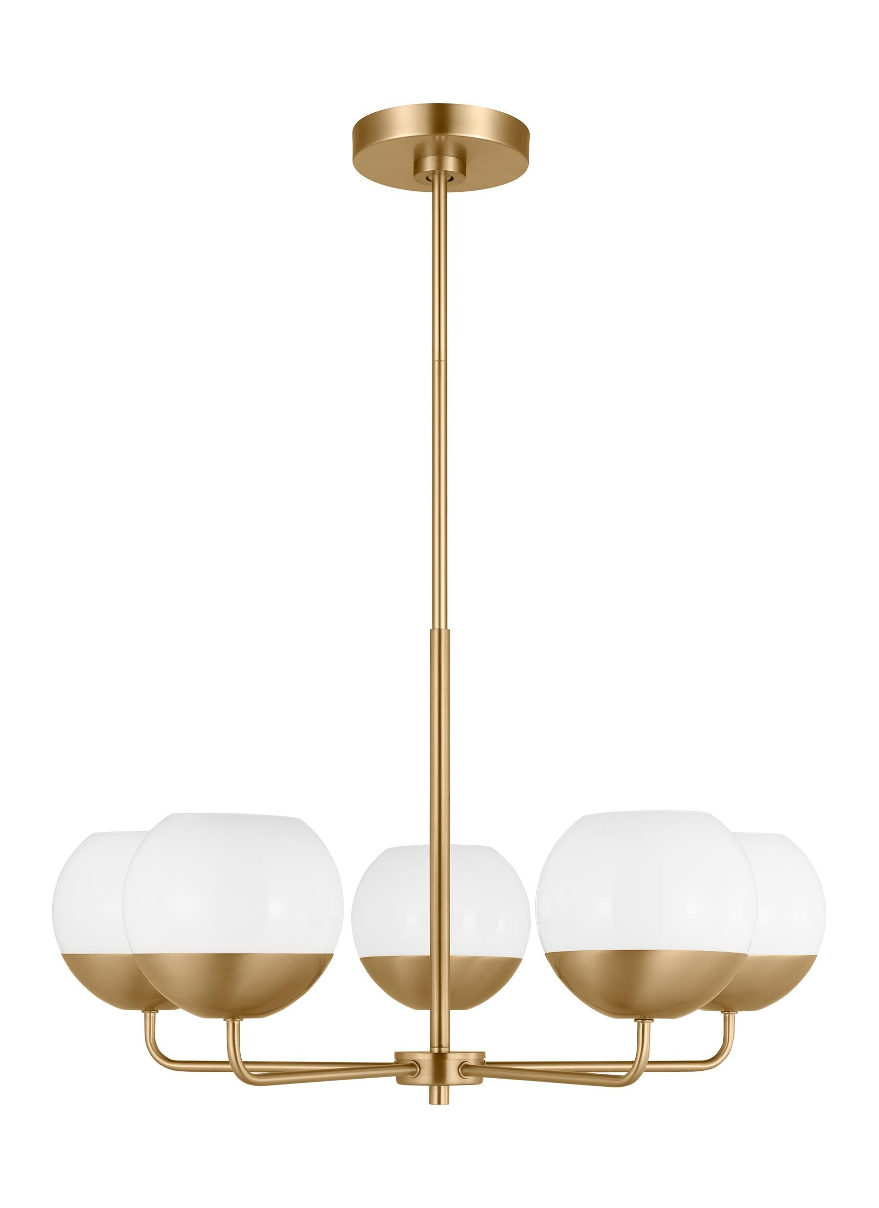 Alvin Satin Brass Midcentury 5-Light Chandelier with Milk Glass Shades