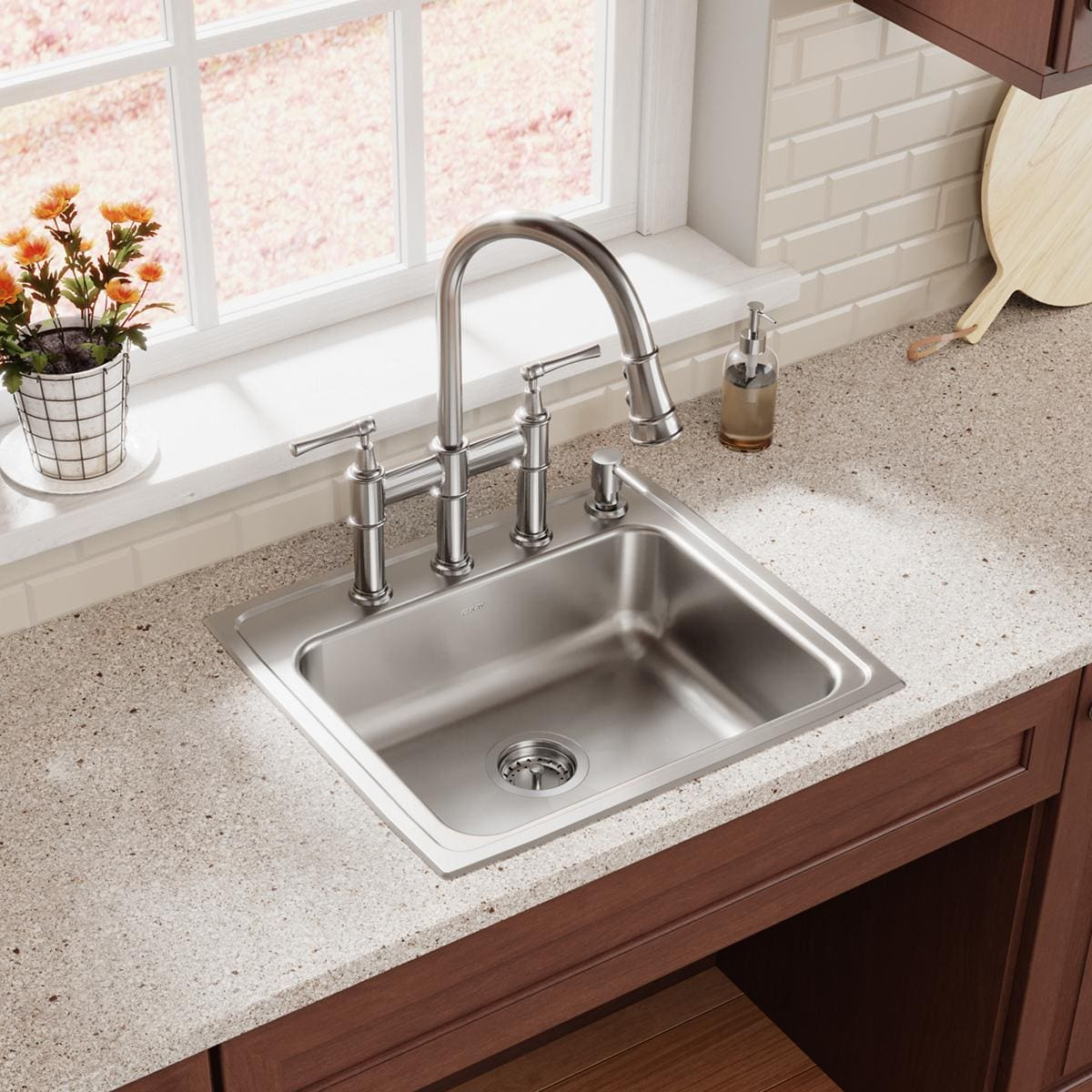 Lustrous Steel Bridge Kitchen Faucet with Pull-down Spray