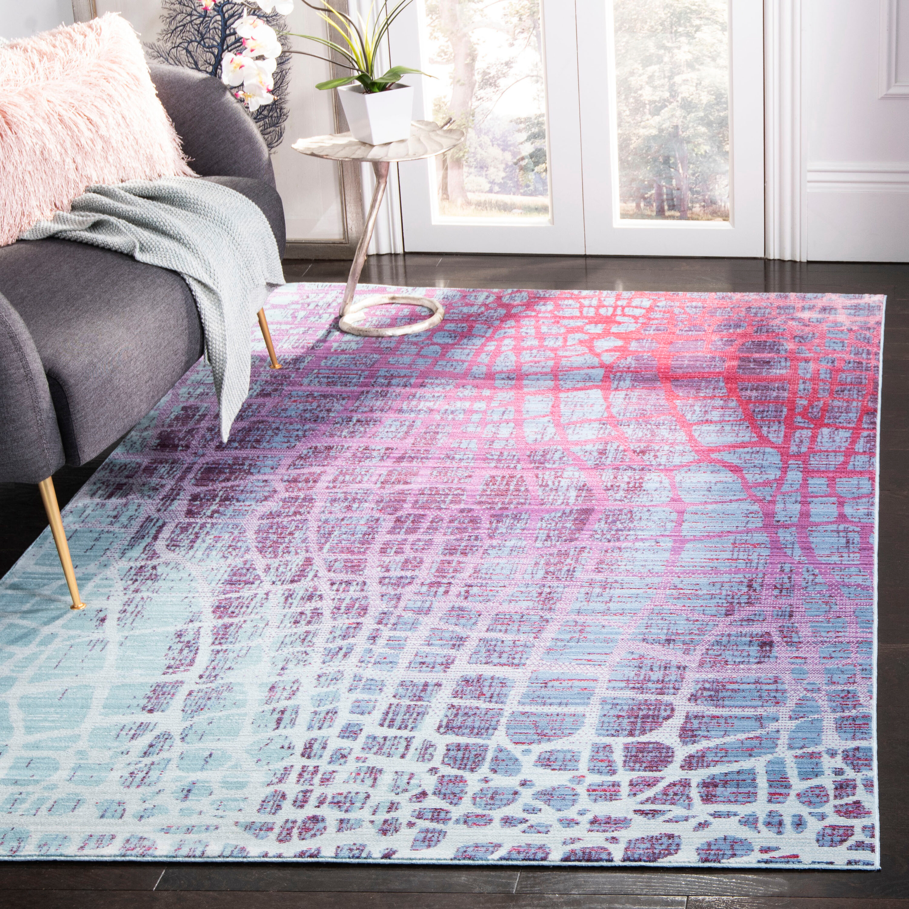 SAFAVIEH Valencia Nurten Abstract Polyester Area Rug, Blue/Fuchsia, 4' x 6'