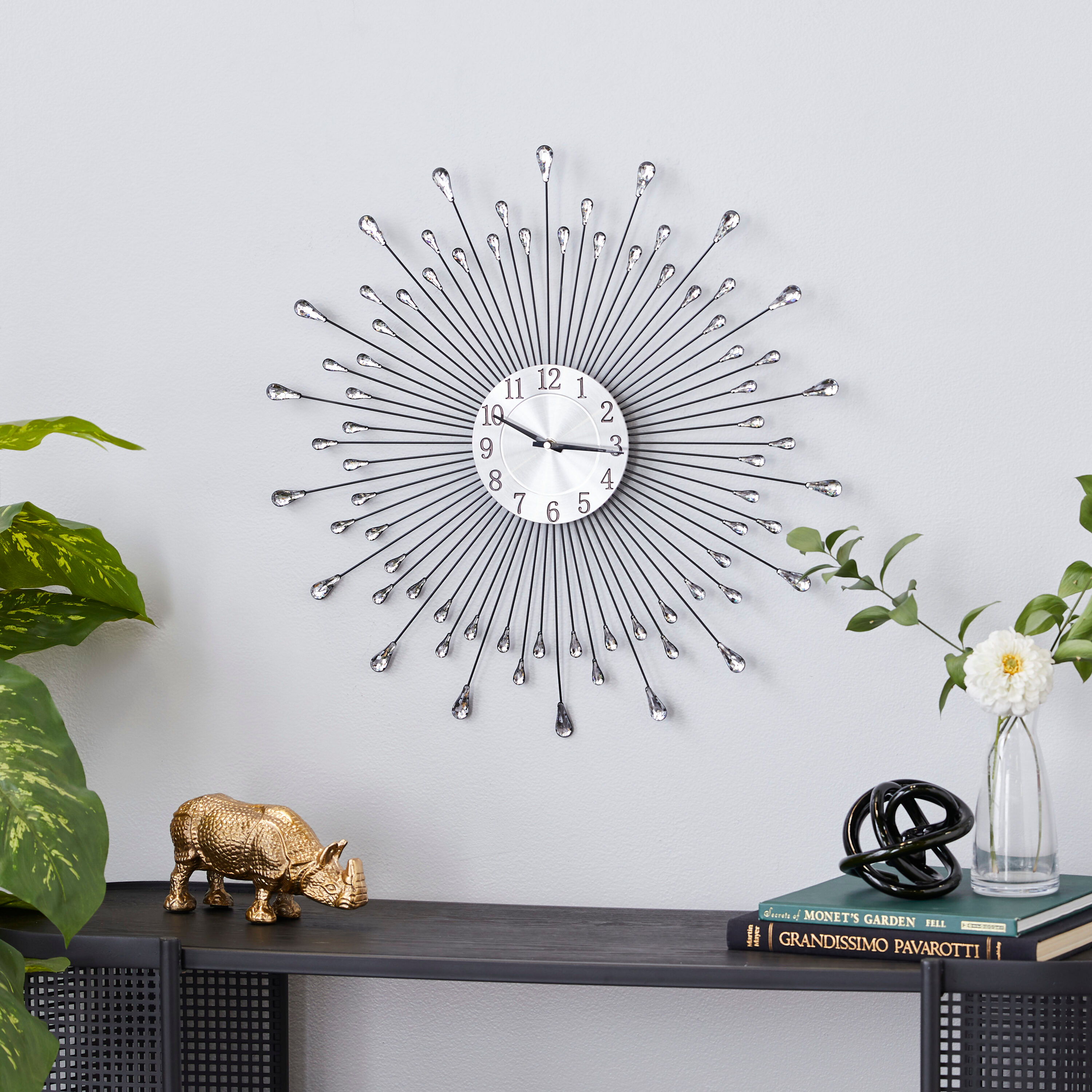 DecMode 23" Silver Metal Starburst Wall Clock with Crystal Embellishment