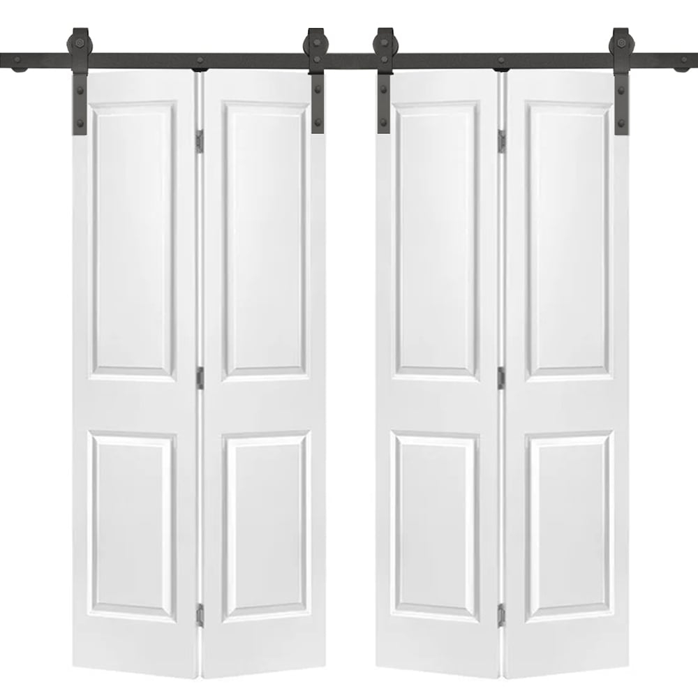 72 in. x 80 in. Hollow Core 2 Panel White Painted MDF Composite Double Bi-Fold Barn Doors with Sliding Hardware Kit