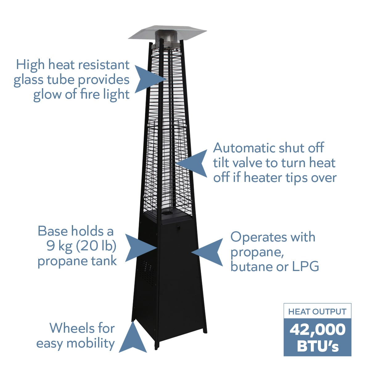Blue Sky Outdoor Living 42,000 BTU Standing 360° Pillar of Flame Gas Outdoor Patio Heater, Black