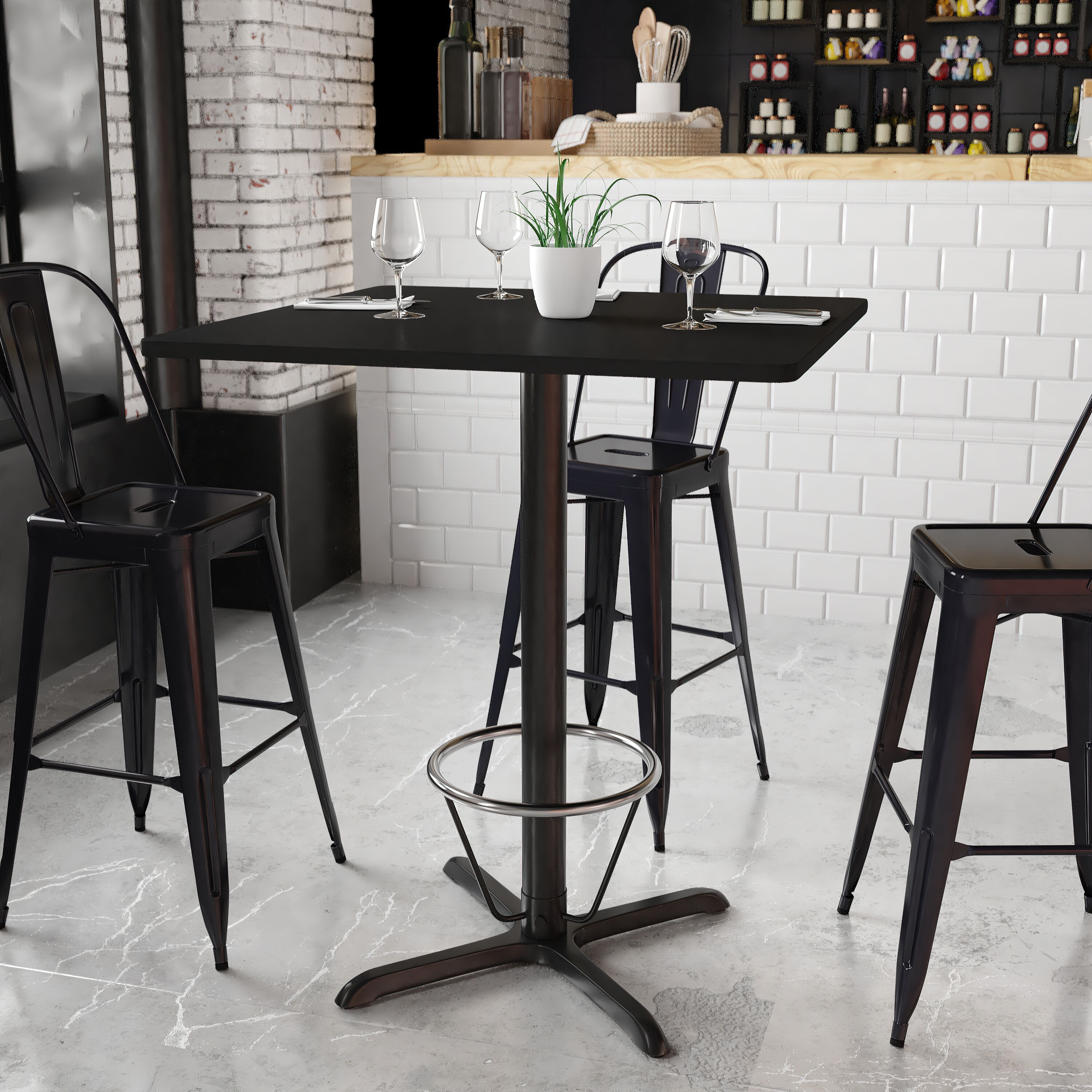 Flash Furniture 36'' Square Black Laminate Table Top with 30'' x 30'' Bar Height Table Base and Foot Ring