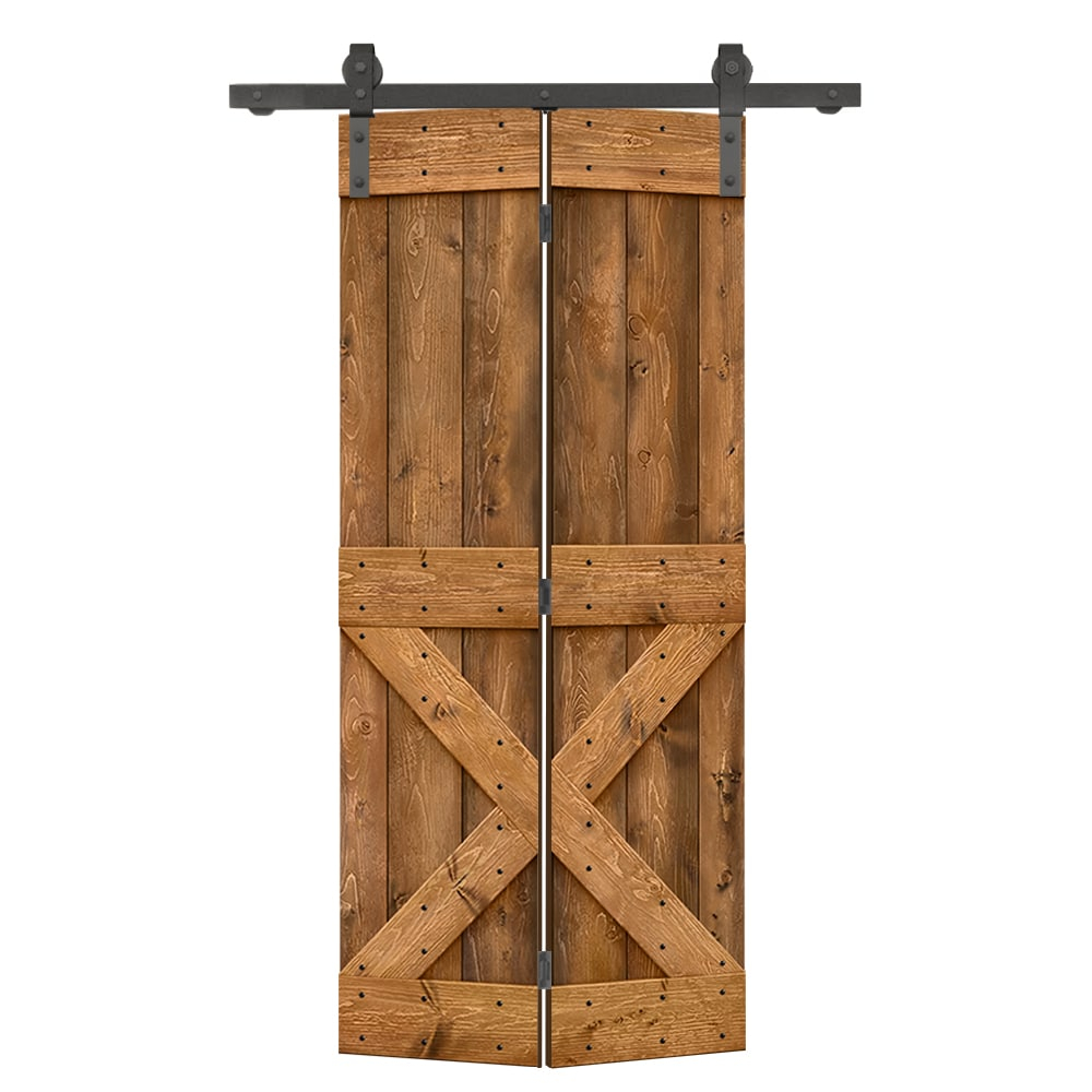 34 in. x 84 in. Mini X Series Walnut Stained DIY Wood Bi-Fold Barn Door with Sliding Hardware Kit