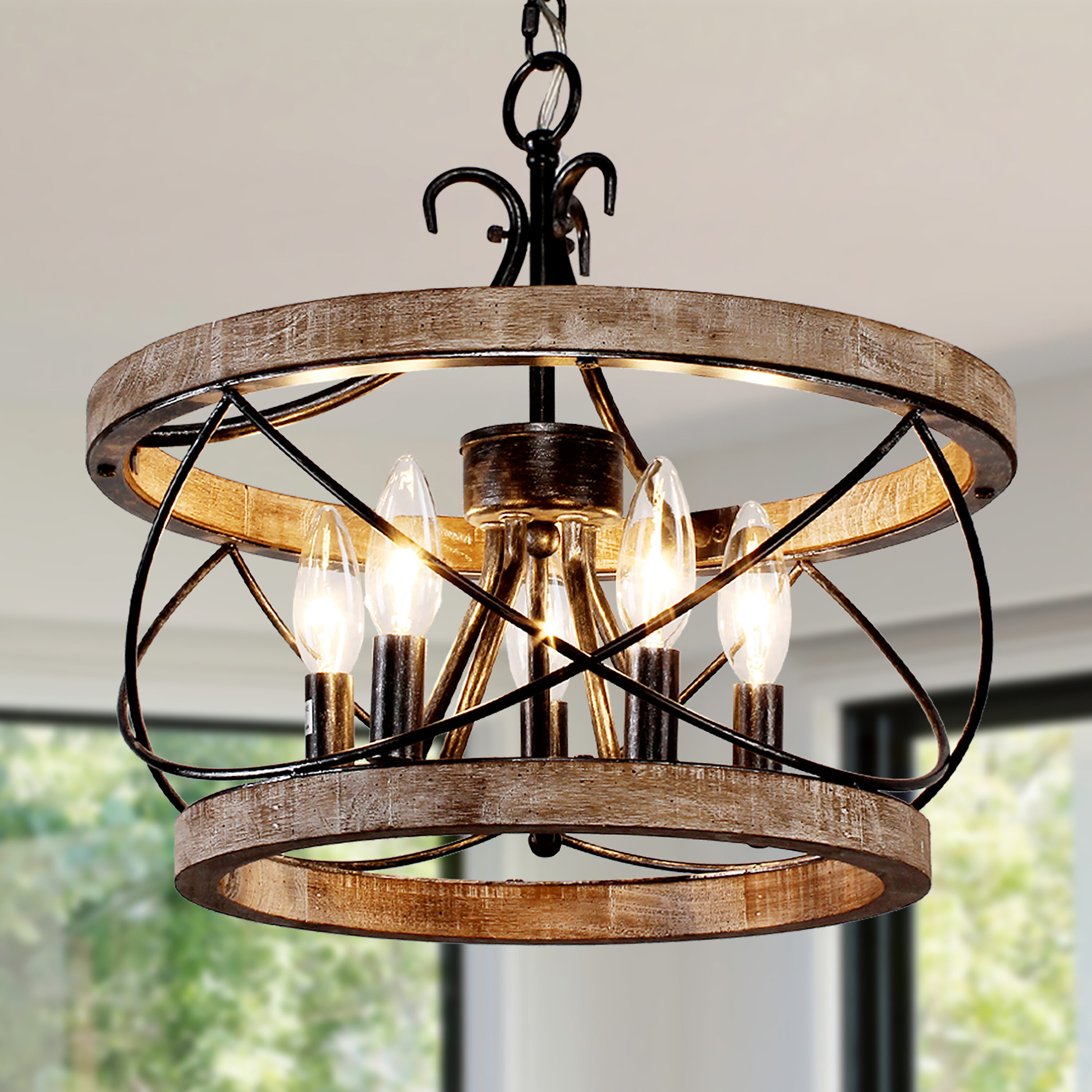 Cusp Barn  5-Light Farmhouse Wood Chandelier Adjustable Handmade Rustic Drum Ceiling Light Fixture Hanging Lamp for Foyer Kitchen 15.7-inch -