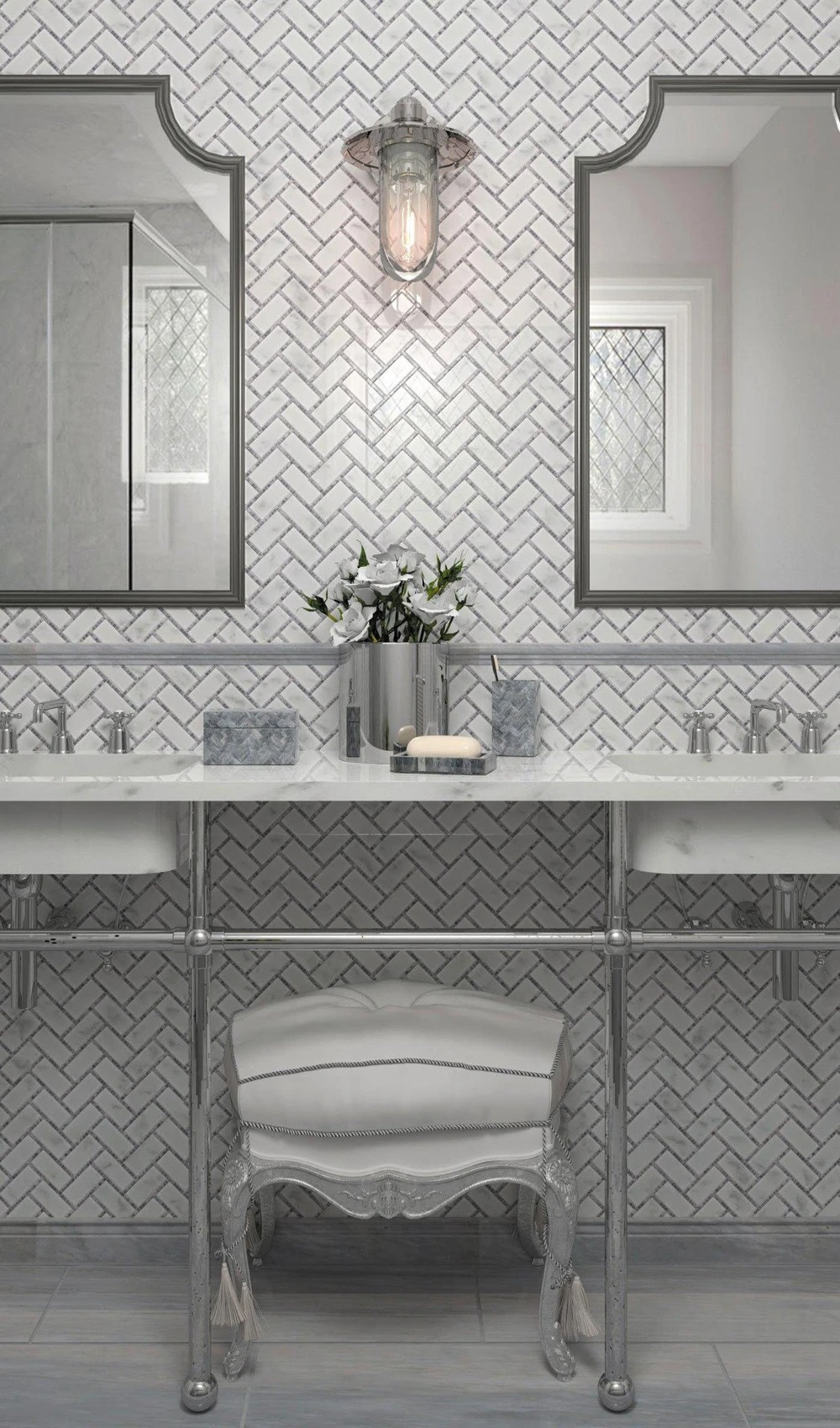 5 pack White and Gray 9.8 in. x 10.8 in. Polished Herringbone Marble Mosaic Floor and Wall Tile (3.68 sq. ft./Case)