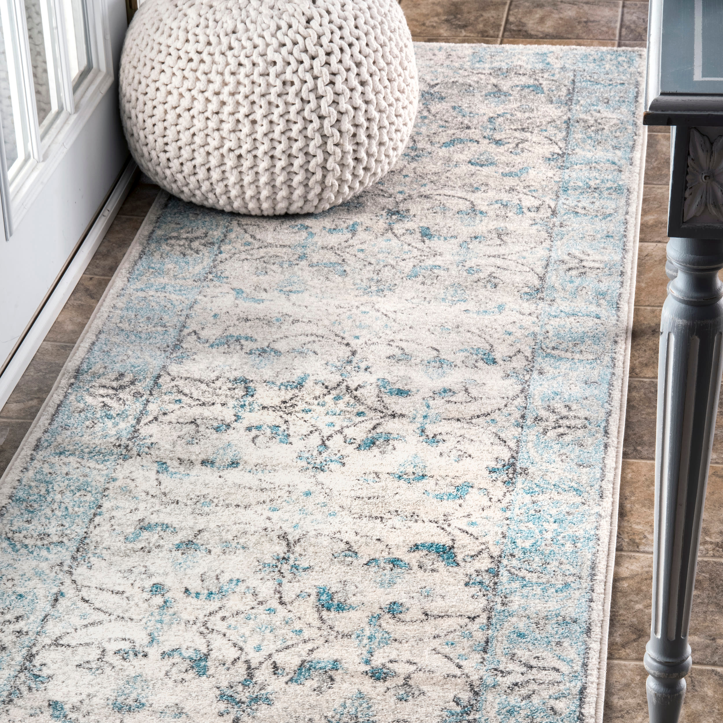 Aqua and Gray Floral Synthetic Reversible Runner Rug, 2' x 6'