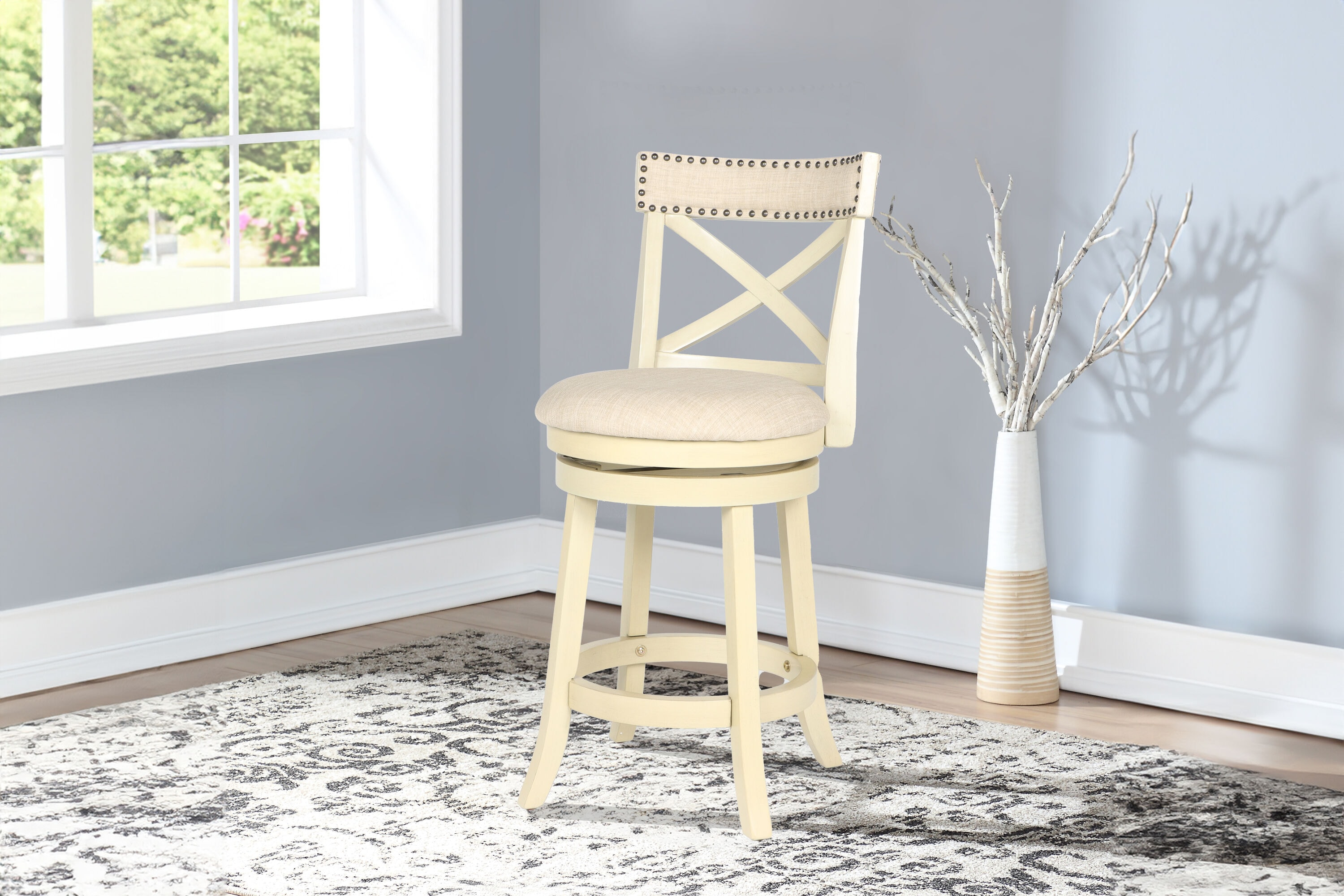 New Classic Furniture,Furniture York 24" Wood Counter Stool With Fabric Seat In Ant White