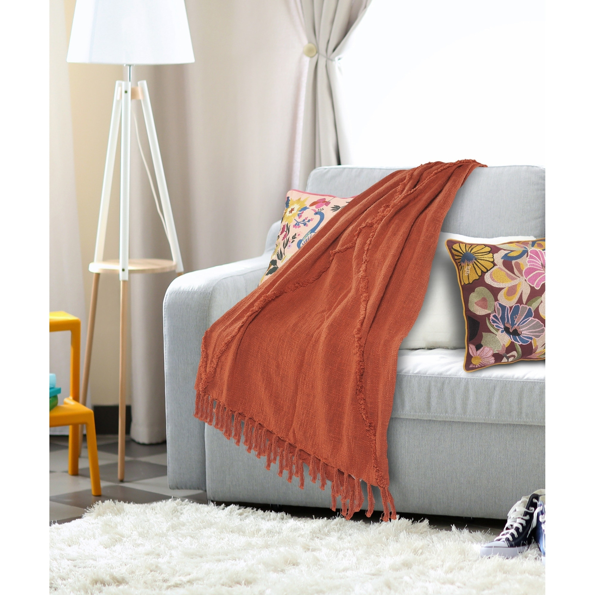 Evette Rios Sierra Handmade Woven Solid Color Fringed 100% Cotton Throw Blanket