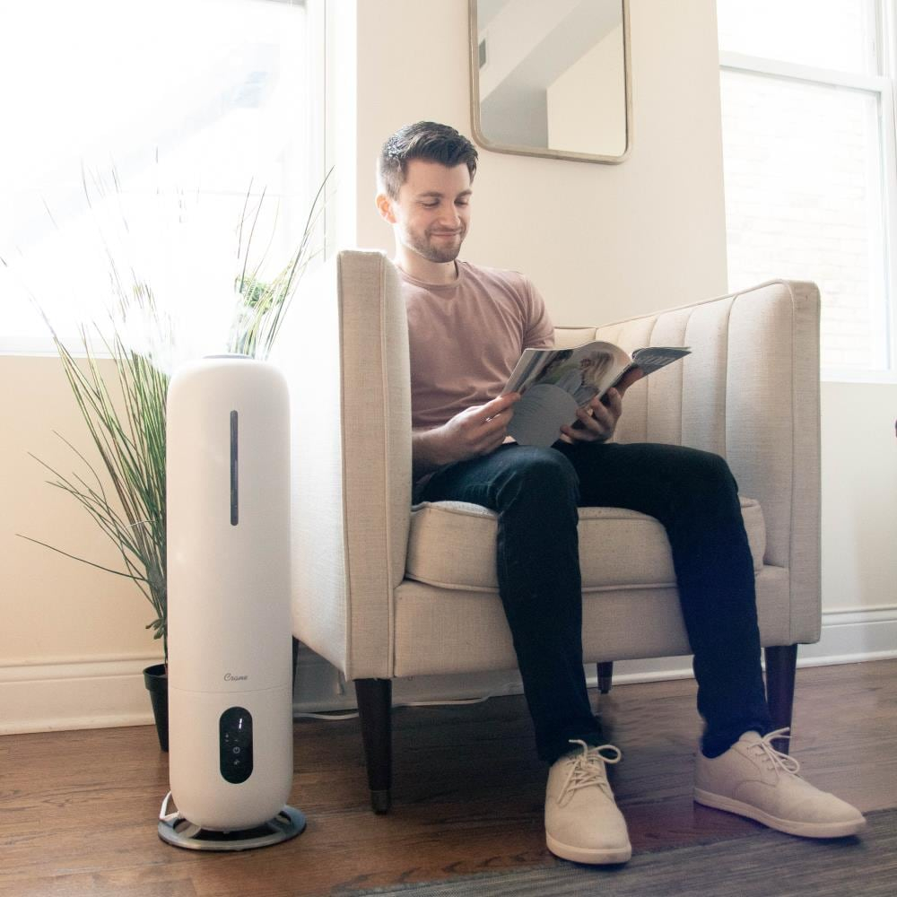 Crane USA Cool Mist Tower Top Fill Humidifier with Remote, 2 Gallons, 500 Sq. ft Coverage, UV Ionizing Light, White