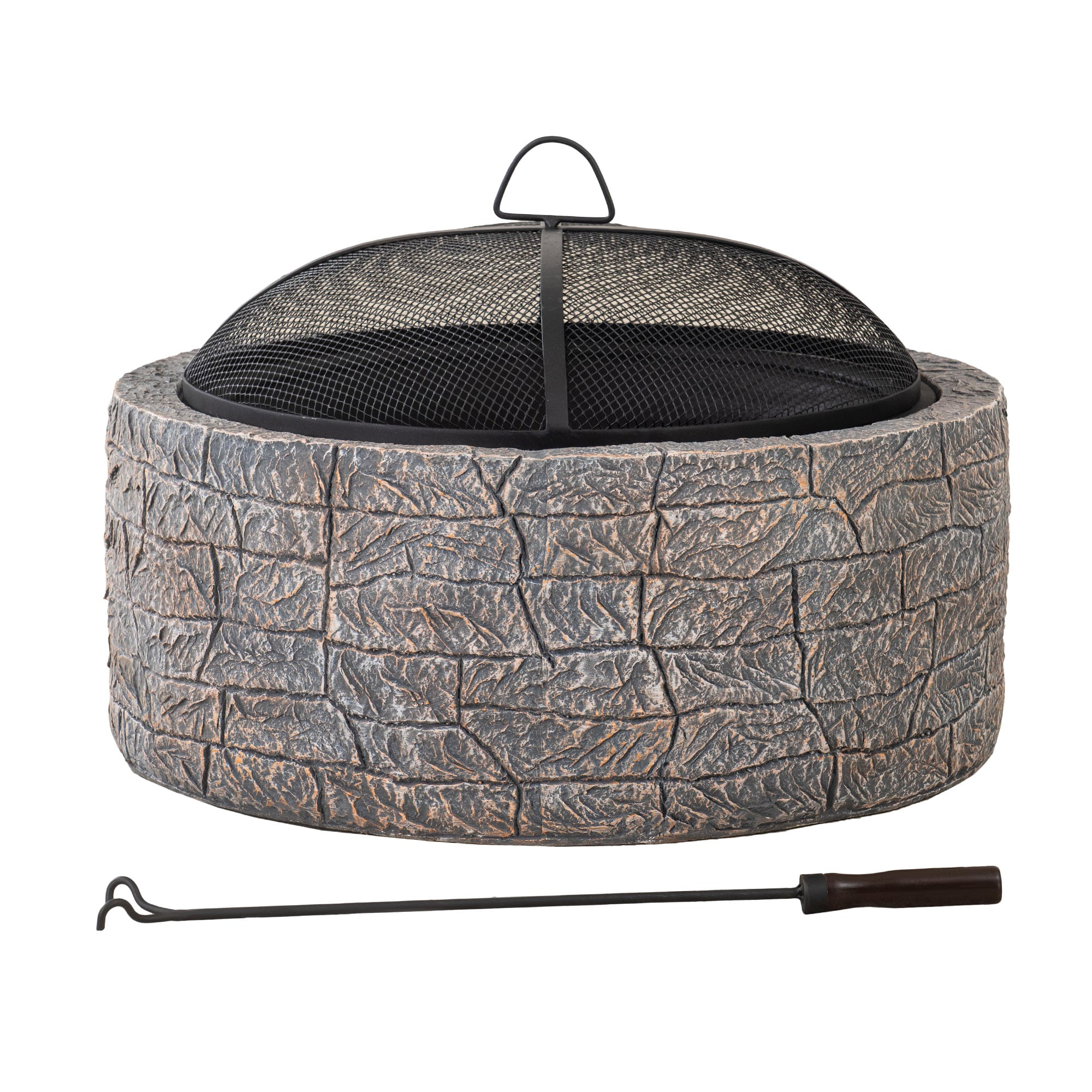SUNJOY 26 Inch Stone Fire Pit, Patio Outdoor Round Wood Burning Fire Pits for Outside with Spark Screen and Poker, Stone Gray