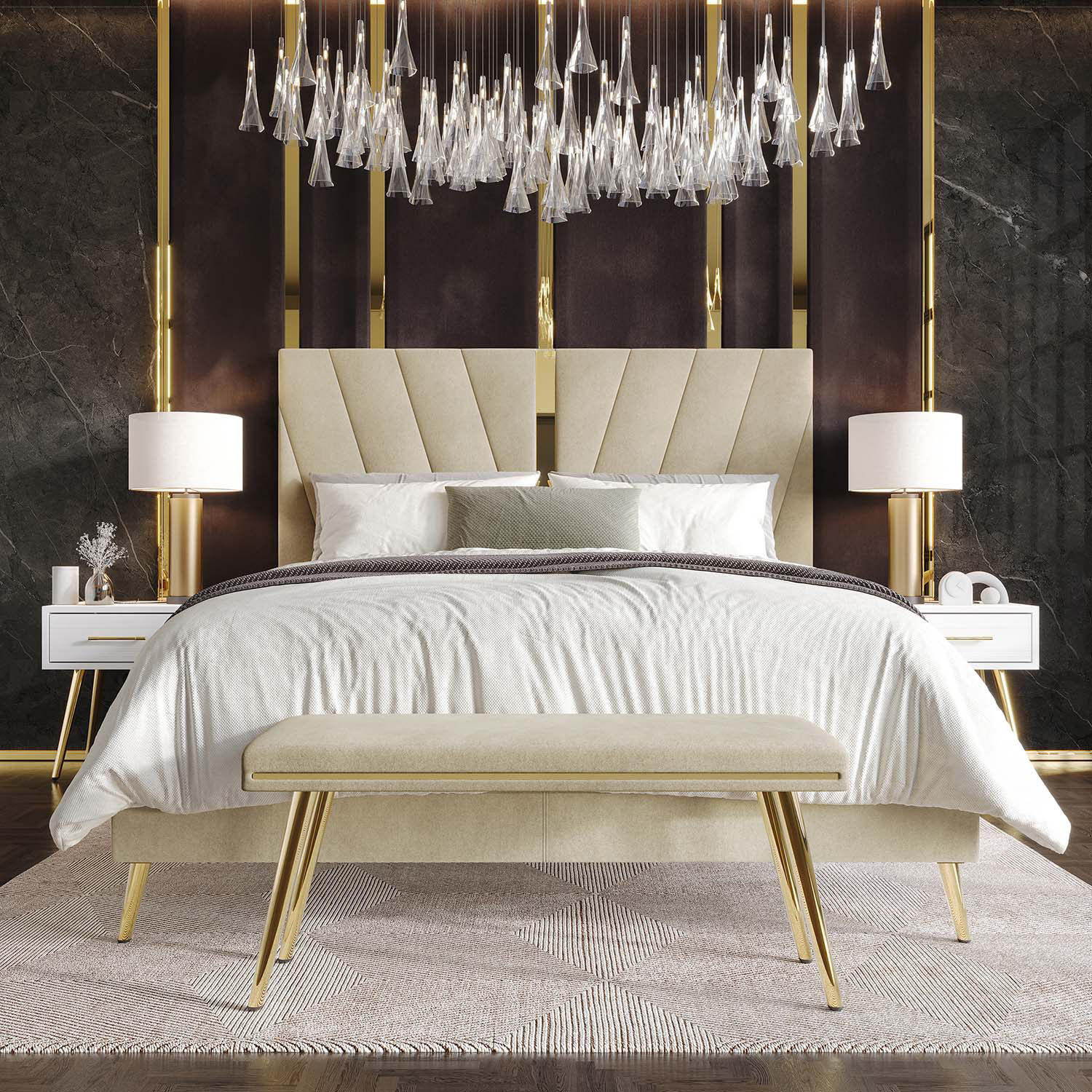 Castle Place Contemporary Velvet Full Upholstered Bed with 2 Nightstand and Bench, Champagne
