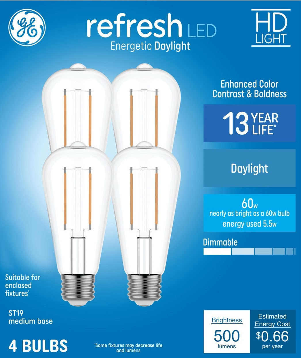 GE Refresh HD 60-Watt EQ ST19 Daylight Medium Base (e-26) Dimmable LED Decorative Light Bulb (4-Pack) Item #4977789 Model #9313022