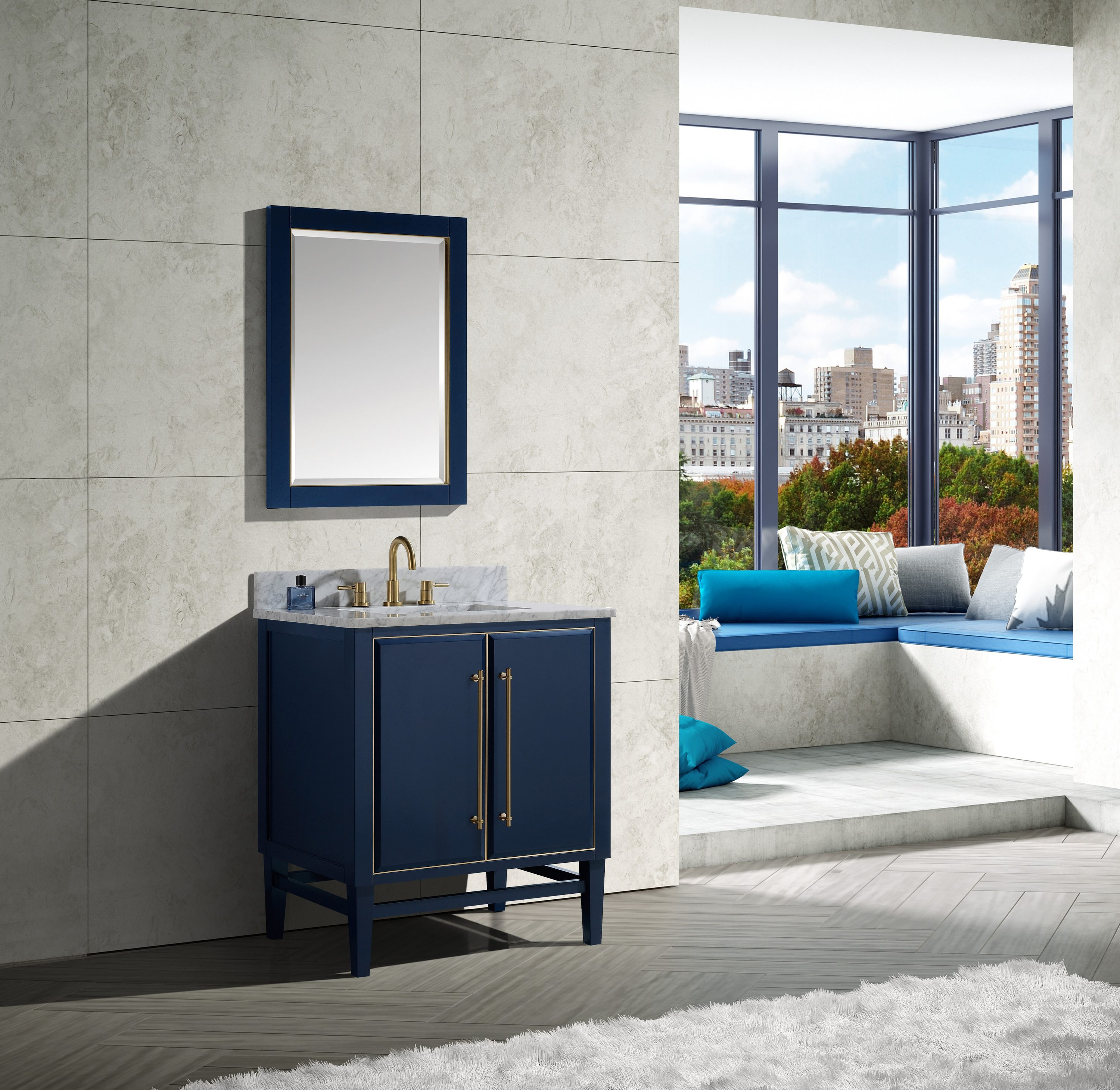 Mason 30" Navy Blue Solid Wood Vanity with Gold Trim