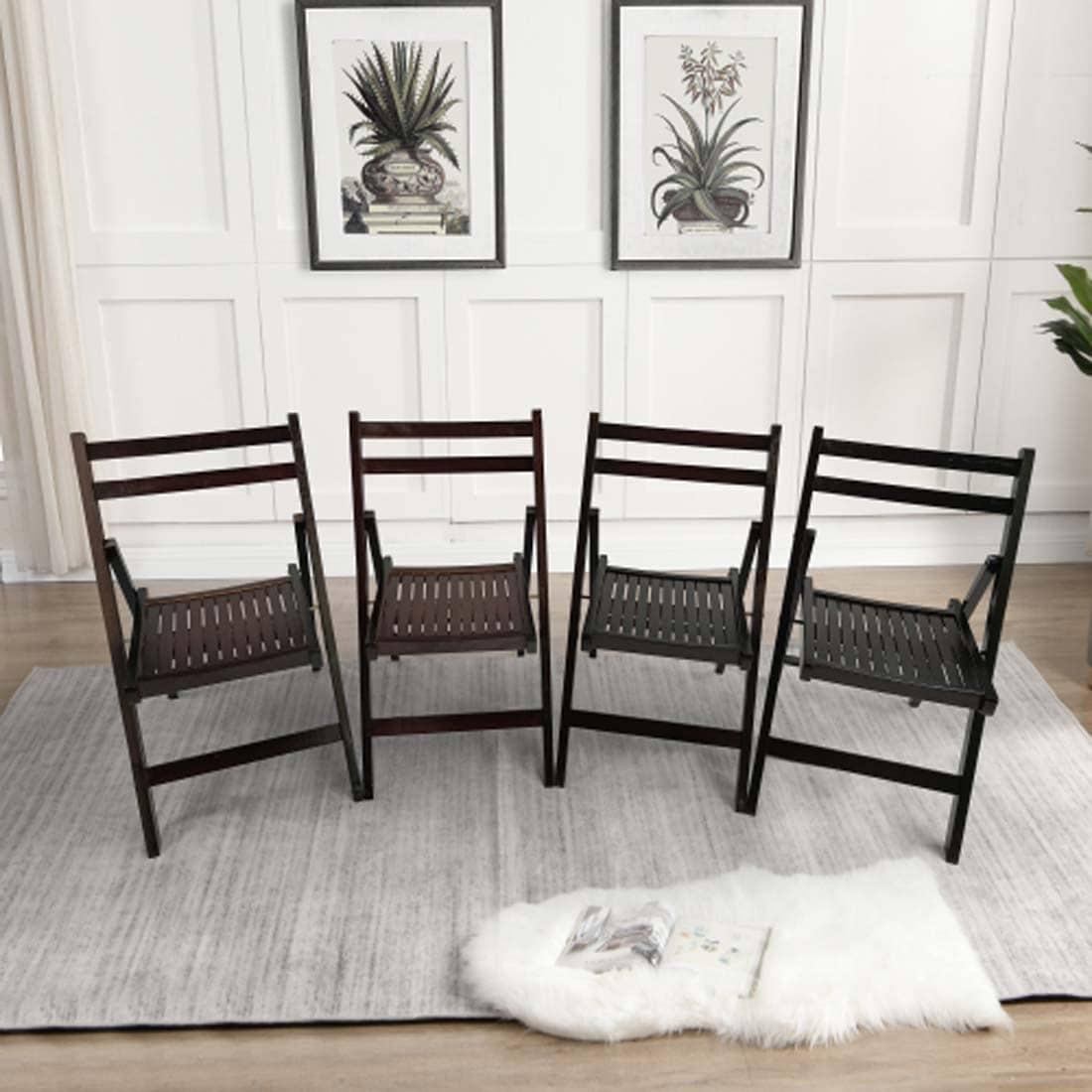 Cherry Wood Folding Dining Chairs Set of 4 with Slatted Seat