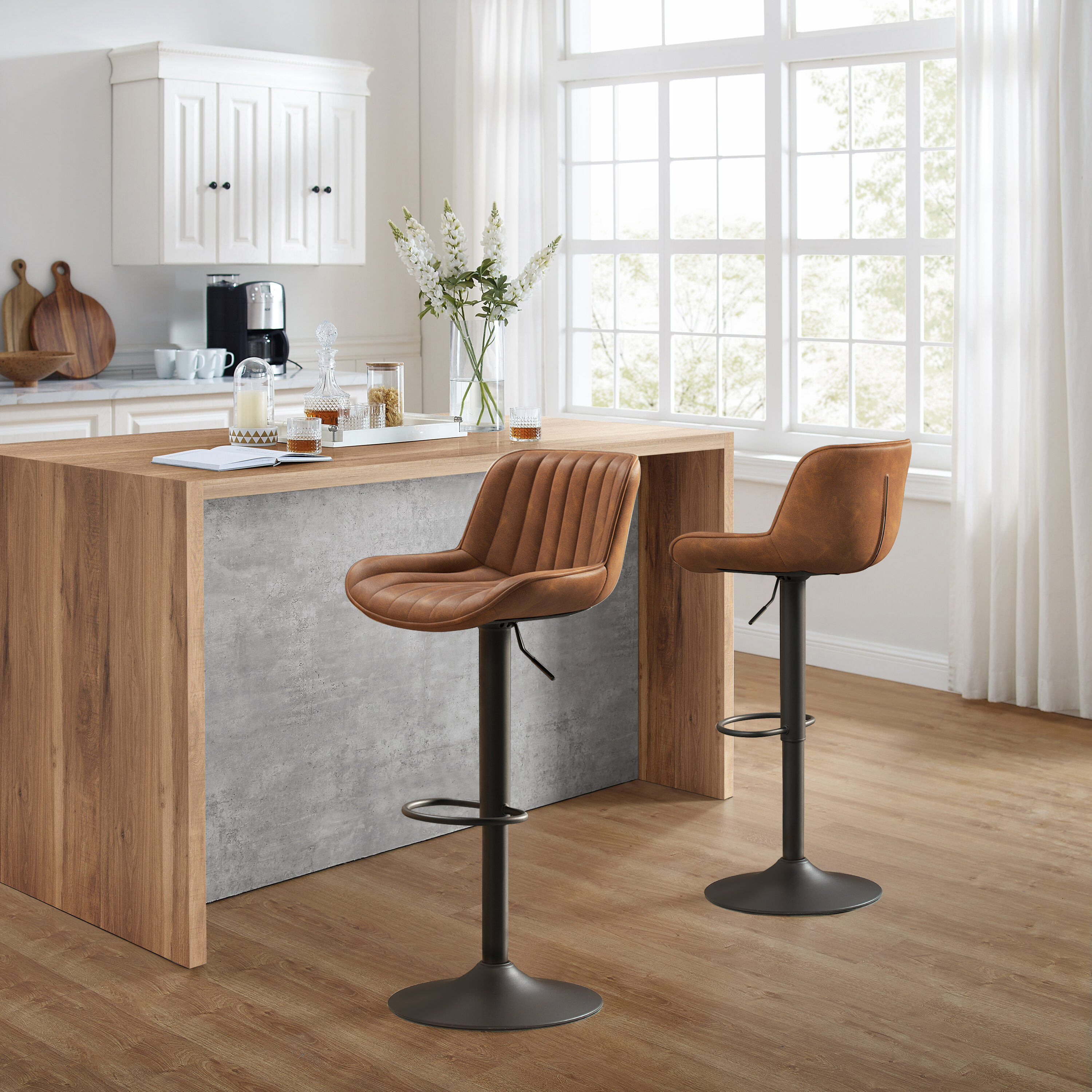 Art Leon Bar Stools Set of 2, PU Leather Swivel Steel Legs,Brown