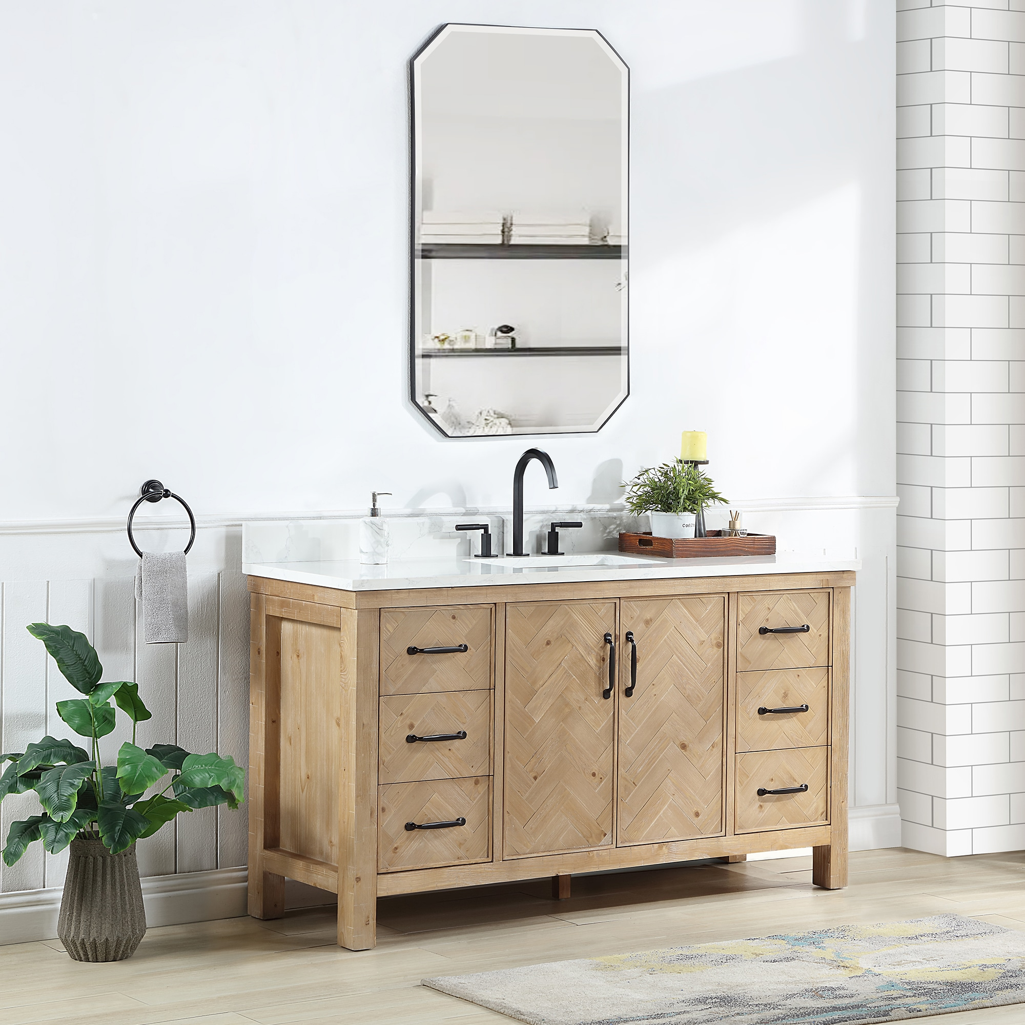 Javier 60" Bath Vanity in Spruce Antique Brown with White Grain Composite Stone
